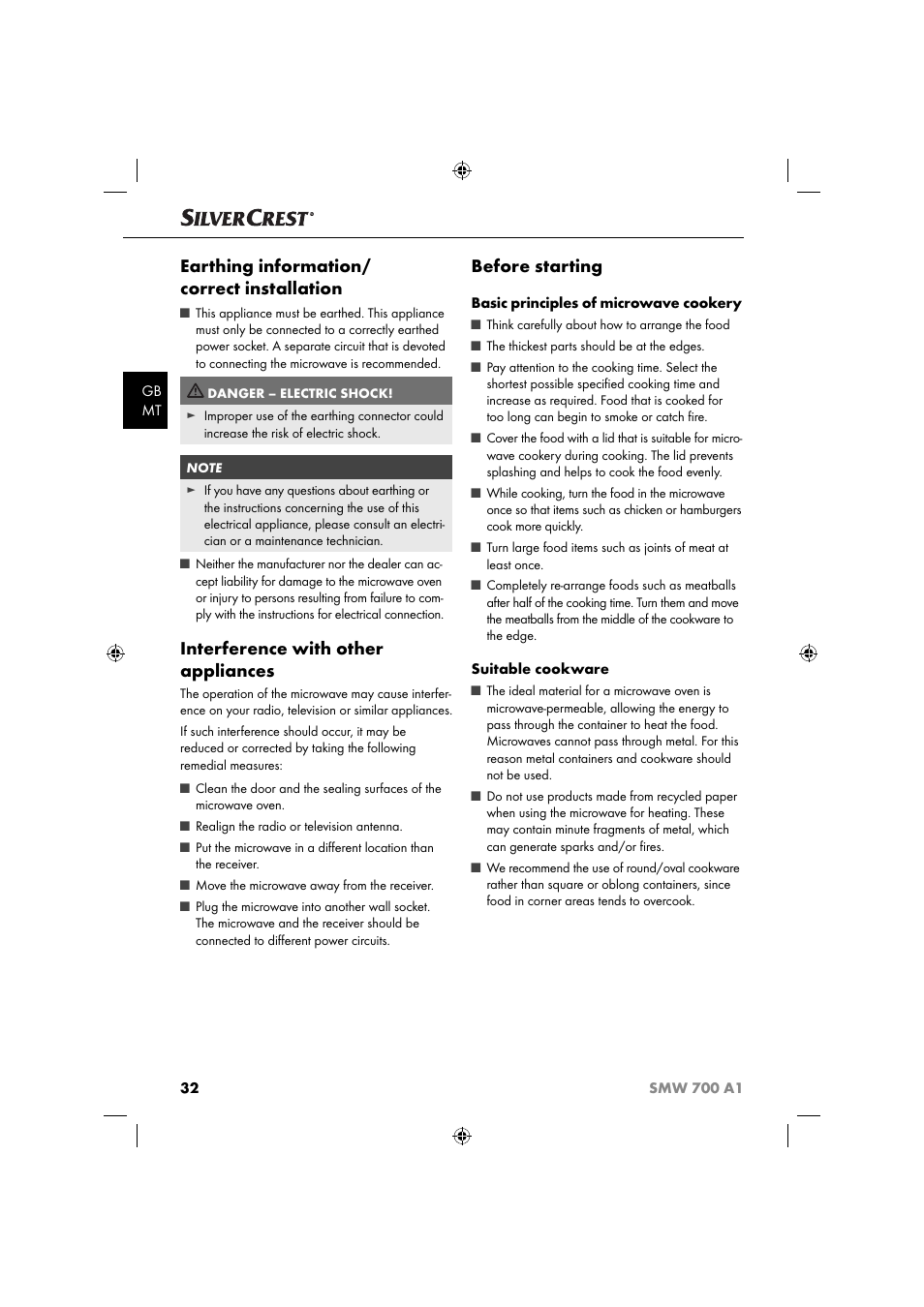 Earthing information/ correct installation, Interference with other appliances, Before starting | Silvercrest SMW 700 A1 User Manual | Page 35 / 52