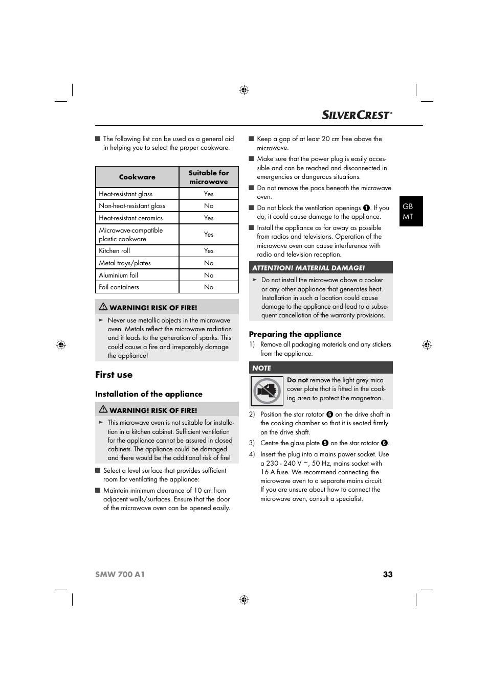 First use | Silvercrest SMW 700 A1 User Manual | Page 36 / 52