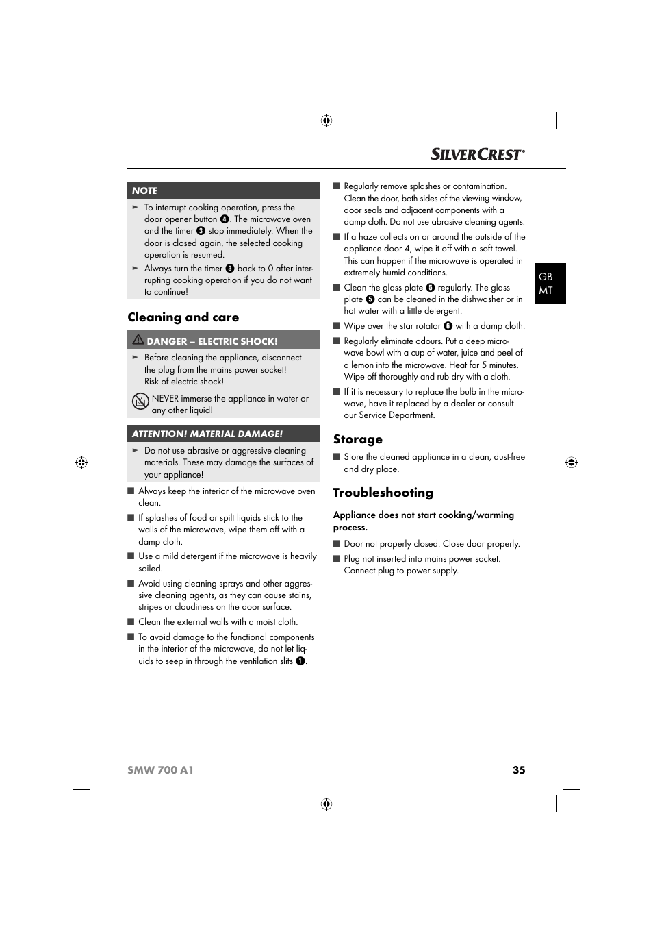 Cleaning and care, Storage, Troubleshooting | Silvercrest SMW 700 A1 User Manual | Page 38 / 52