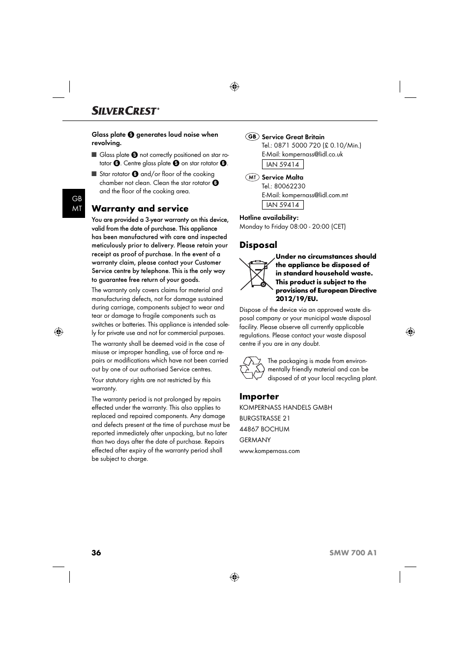 Warranty and service, Disposal, Importer | Silvercrest SMW 700 A1 User Manual | Page 39 / 52