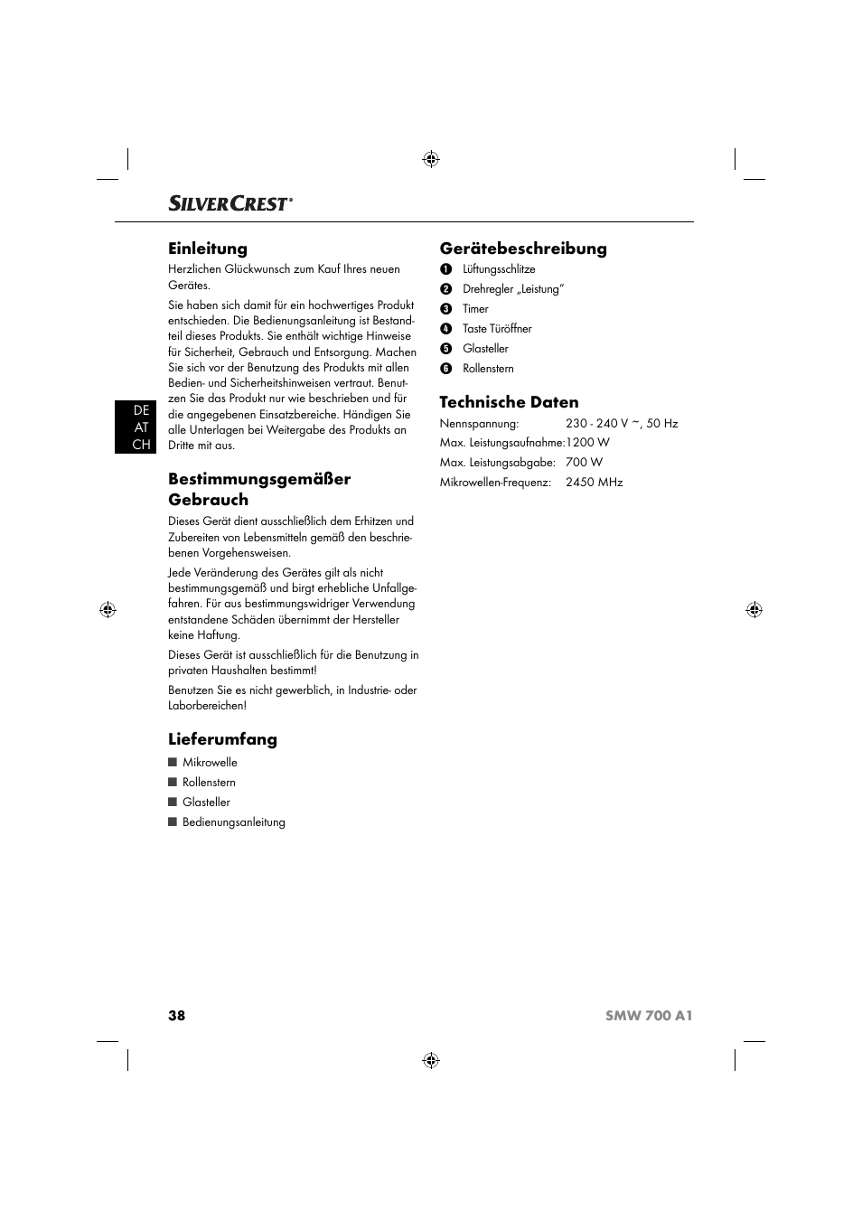 Einleitung, Bestimmungsgemäßer gebrauch, Lieferumfang | Gerätebeschreibung, Technische daten | Silvercrest SMW 700 A1 User Manual | Page 41 / 52