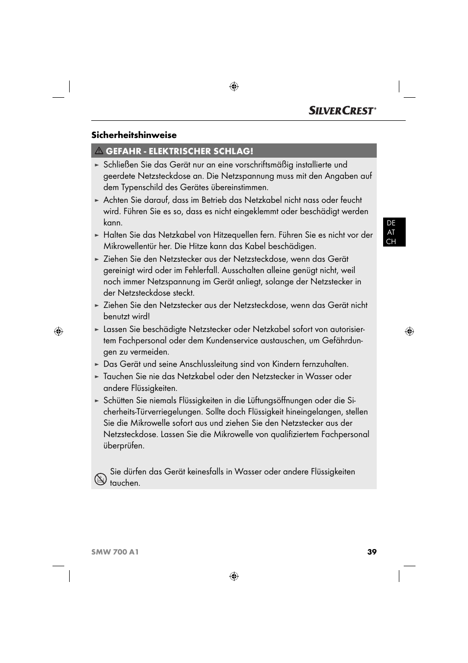 Sicherheitshinweise gefahr - elektrischer schlag | Silvercrest SMW 700 A1 User Manual | Page 42 / 52