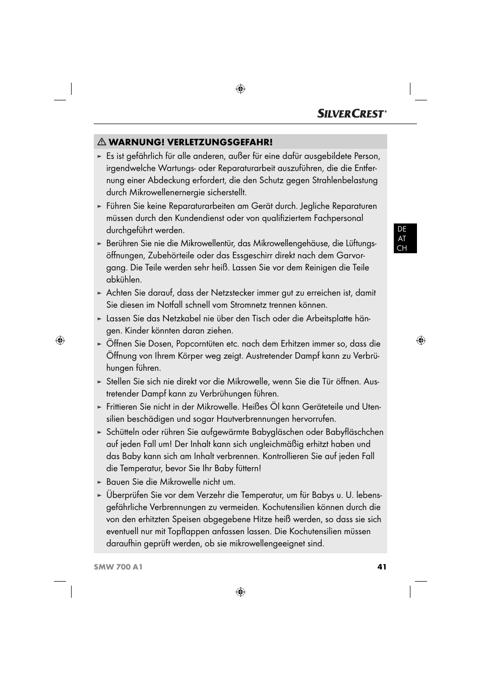 Warnung! verletzungsgefahr, Bauen sie die mikrowelle nicht um | Silvercrest SMW 700 A1 User Manual | Page 44 / 52