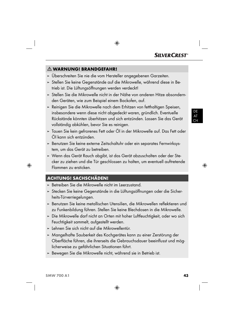 Warnung! brandgefahr, Betreiben sie die mikrowelle nicht im leerzustand, Lehnen sie sich nicht auf die mikrowellentür | Silvercrest SMW 700 A1 User Manual | Page 46 / 52