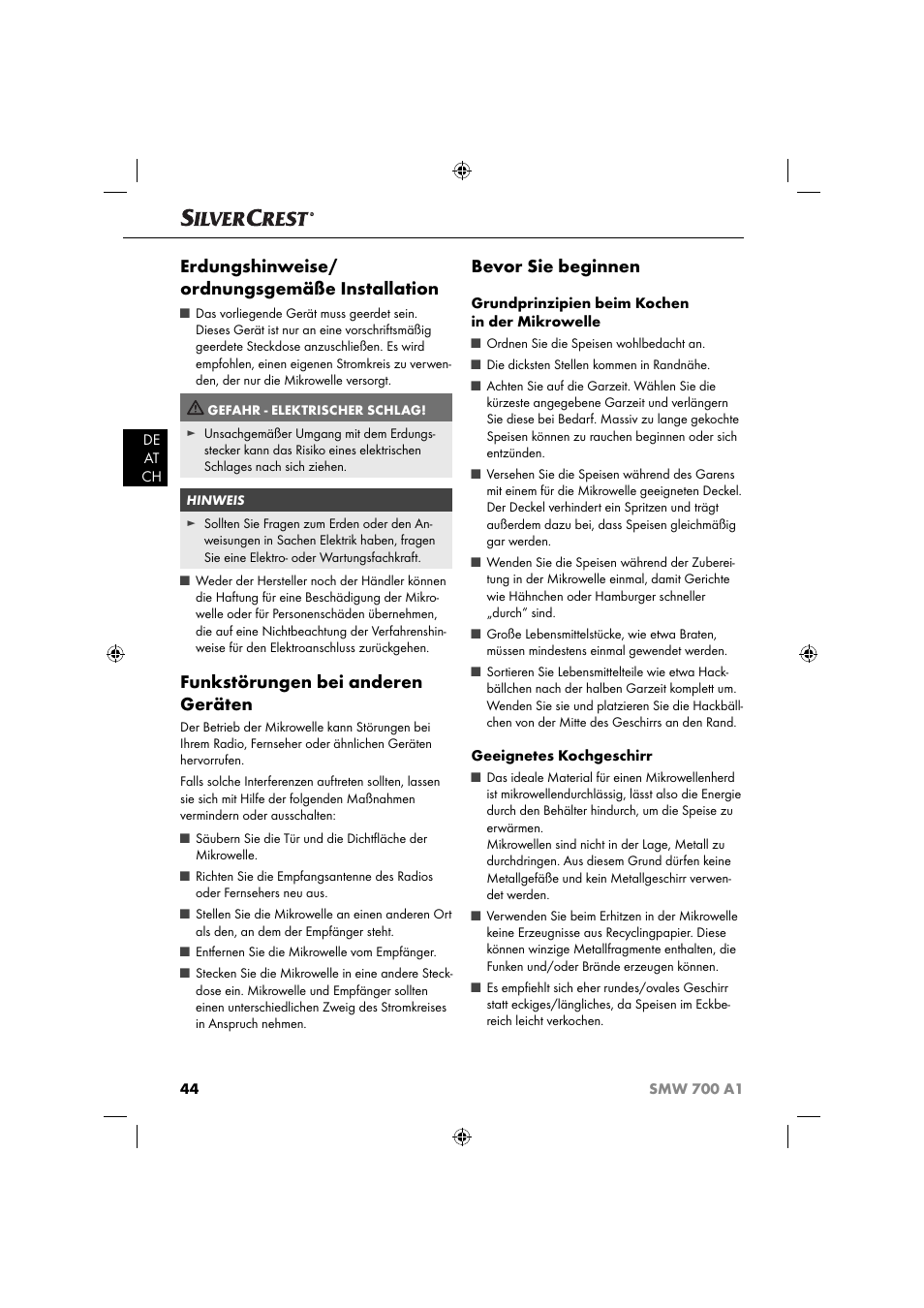 Erdungshinweise/ ordnungsgemäße installation, Funkstörungen bei anderen geräten, Bevor sie beginnen | Silvercrest SMW 700 A1 User Manual | Page 47 / 52