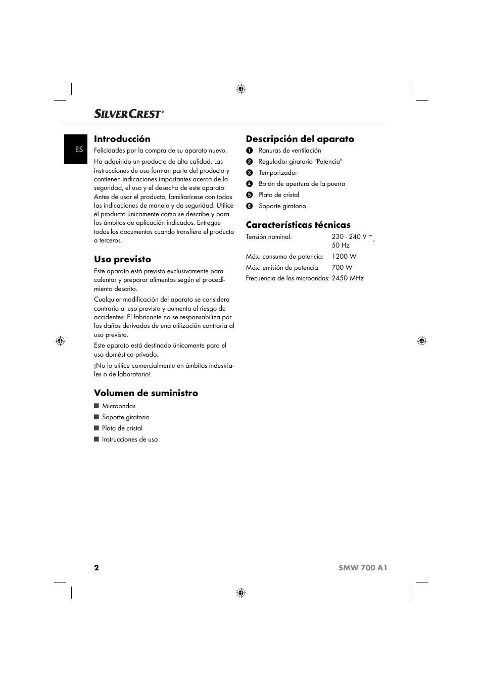 Introducción, Uso previsto, Volumen de suministro | Descripción del aparato, Características técnicas | Silvercrest SMW 700 A1 User Manual | Page 5 / 52
