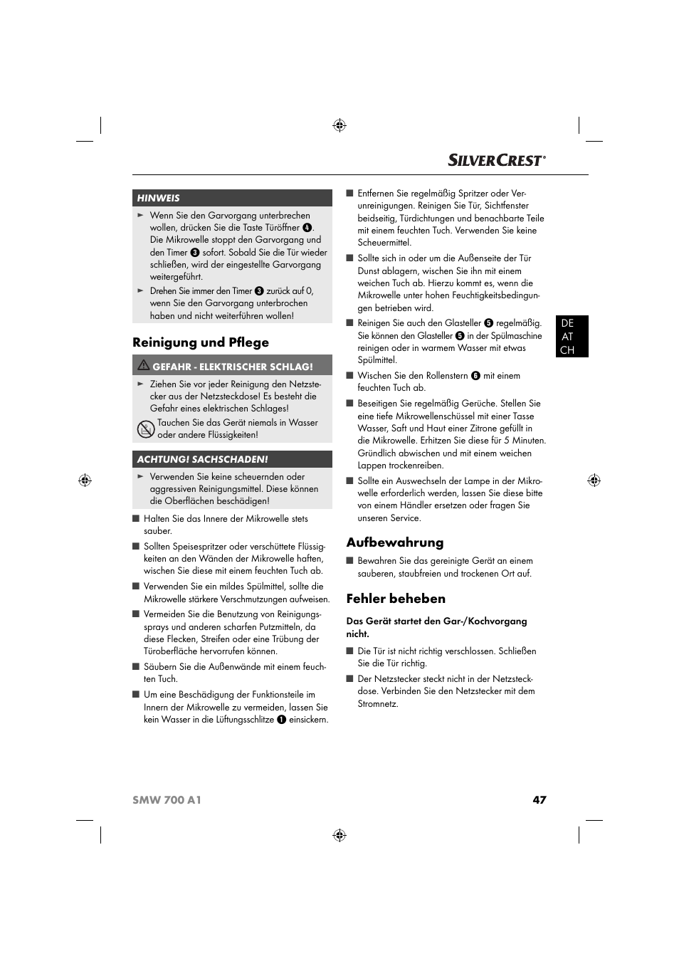 Reinigung und pﬂ ege, Aufbewahrung, Fehler beheben | Silvercrest SMW 700 A1 User Manual | Page 50 / 52