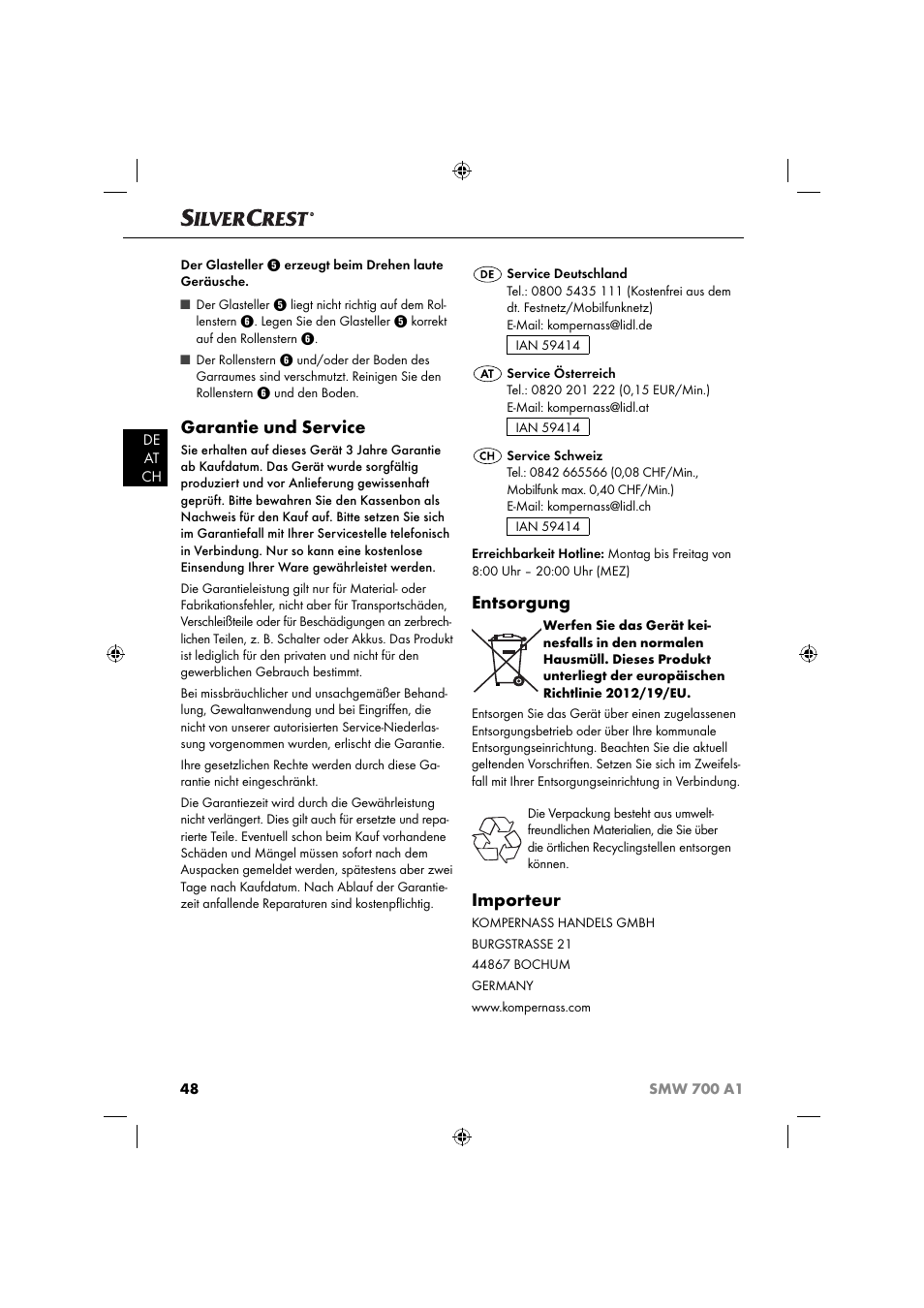 Garantie und service, Entsorgung, Importeur | Silvercrest SMW 700 A1 User Manual | Page 51 / 52