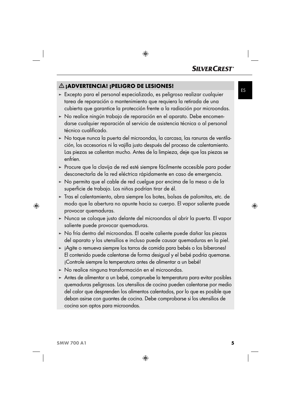 Advertencia! ¡peligro de lesiones, No realice ninguna transformación en el microondas | Silvercrest SMW 700 A1 User Manual | Page 8 / 52