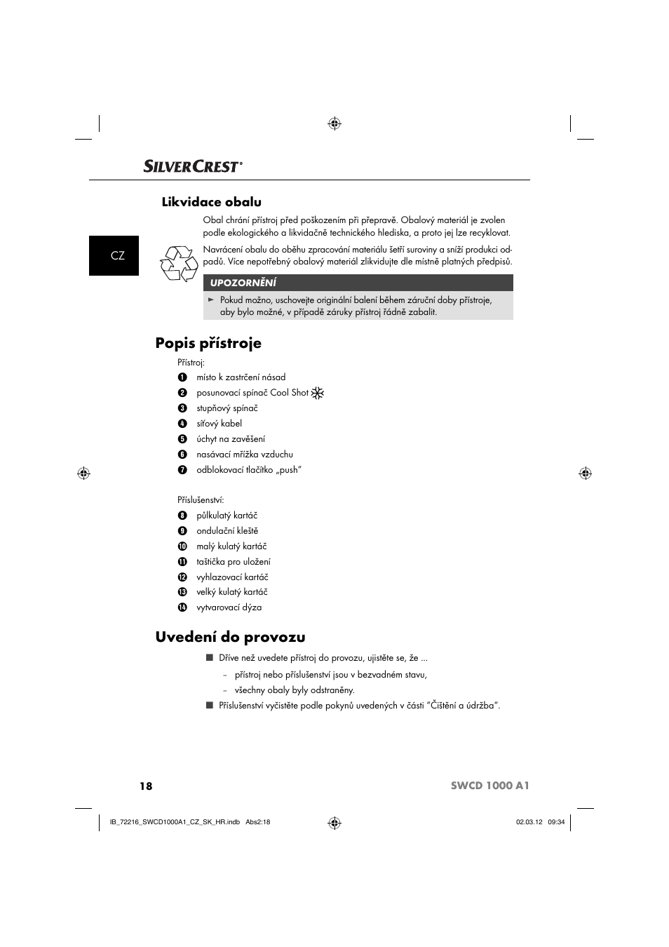 Popis přístroje, Uvedení do provozu, Likvidace obalu | Silvercrest SWCD 1000 A1 User Manual | Page 20 / 62