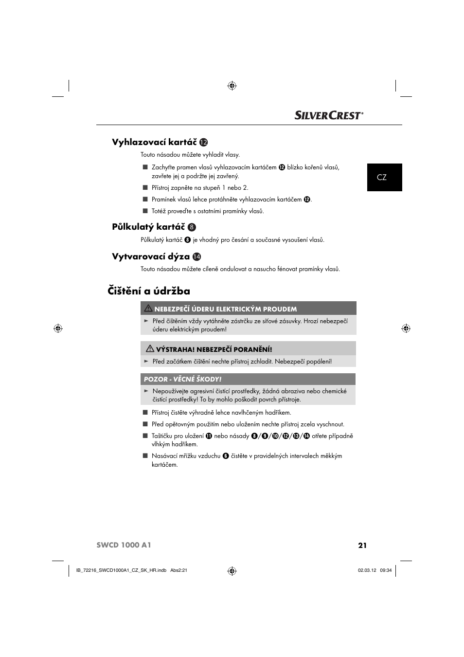 Čištění a údržba, Vyhlazovací kartáč, Půlkulatý kartáč | Vytvarovací dýza | Silvercrest SWCD 1000 A1 User Manual | Page 23 / 62