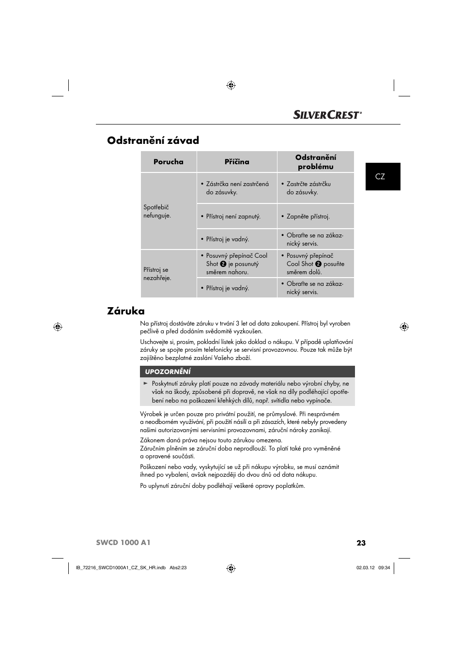 Odstranění závad, Záruka | Silvercrest SWCD 1000 A1 User Manual | Page 25 / 62