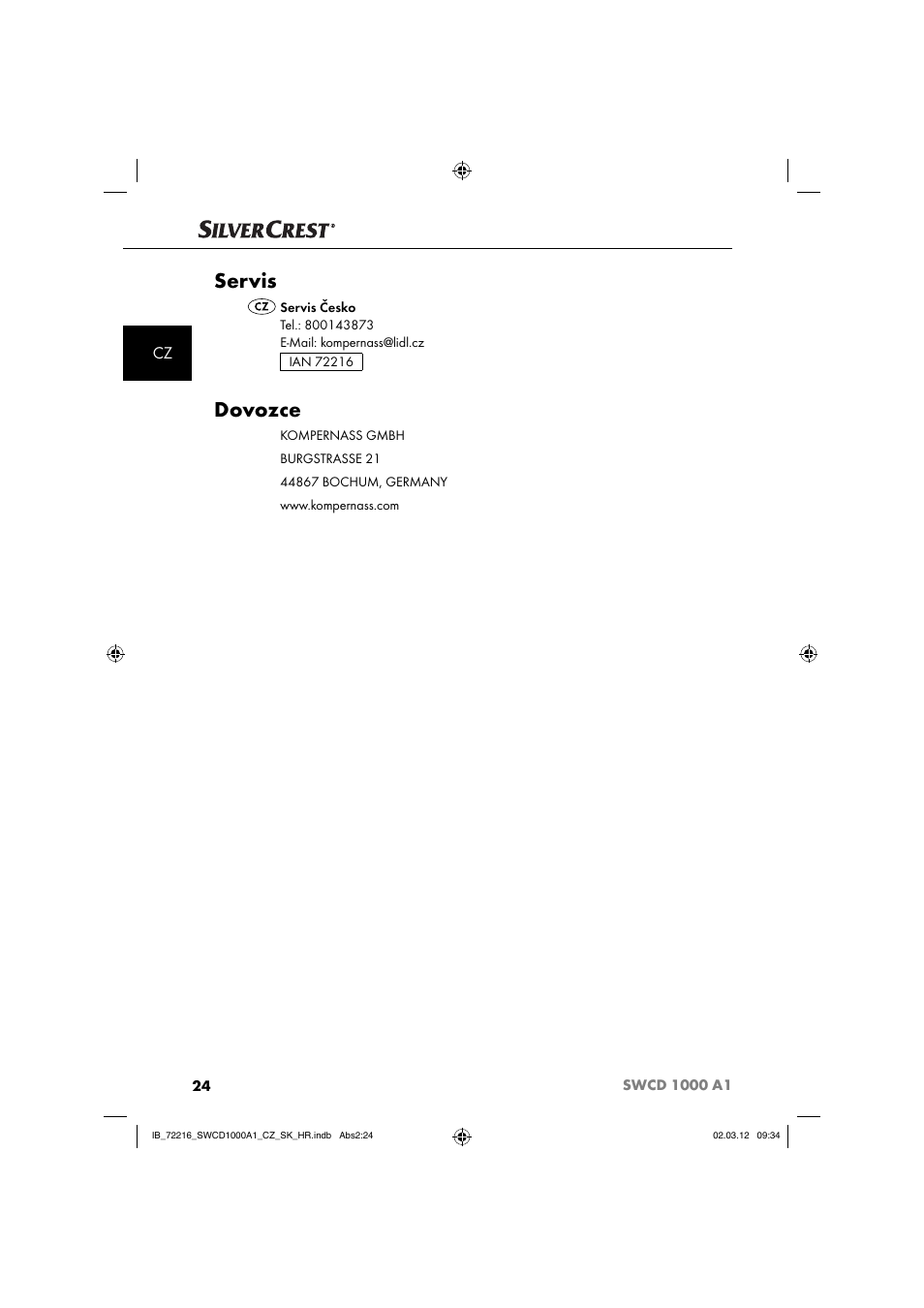 Servis, Dovozce | Silvercrest SWCD 1000 A1 User Manual | Page 26 / 62