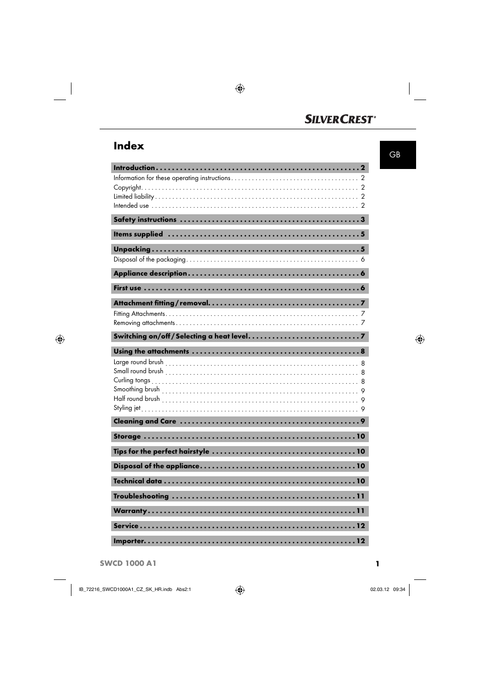 Index | Silvercrest SWCD 1000 A1 User Manual | Page 3 / 62