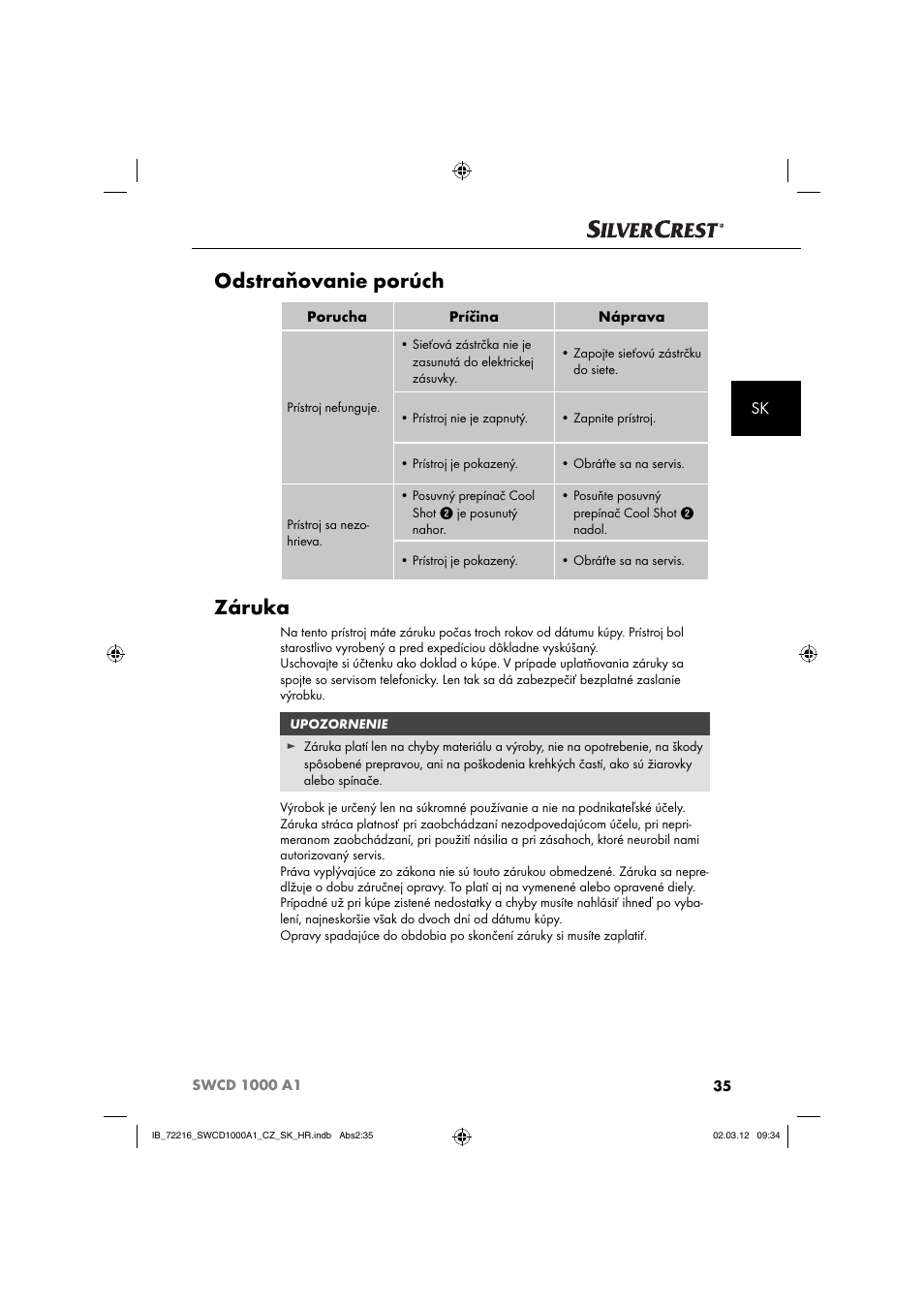 Odstraňovanie porúch, Záruka | Silvercrest SWCD 1000 A1 User Manual | Page 37 / 62