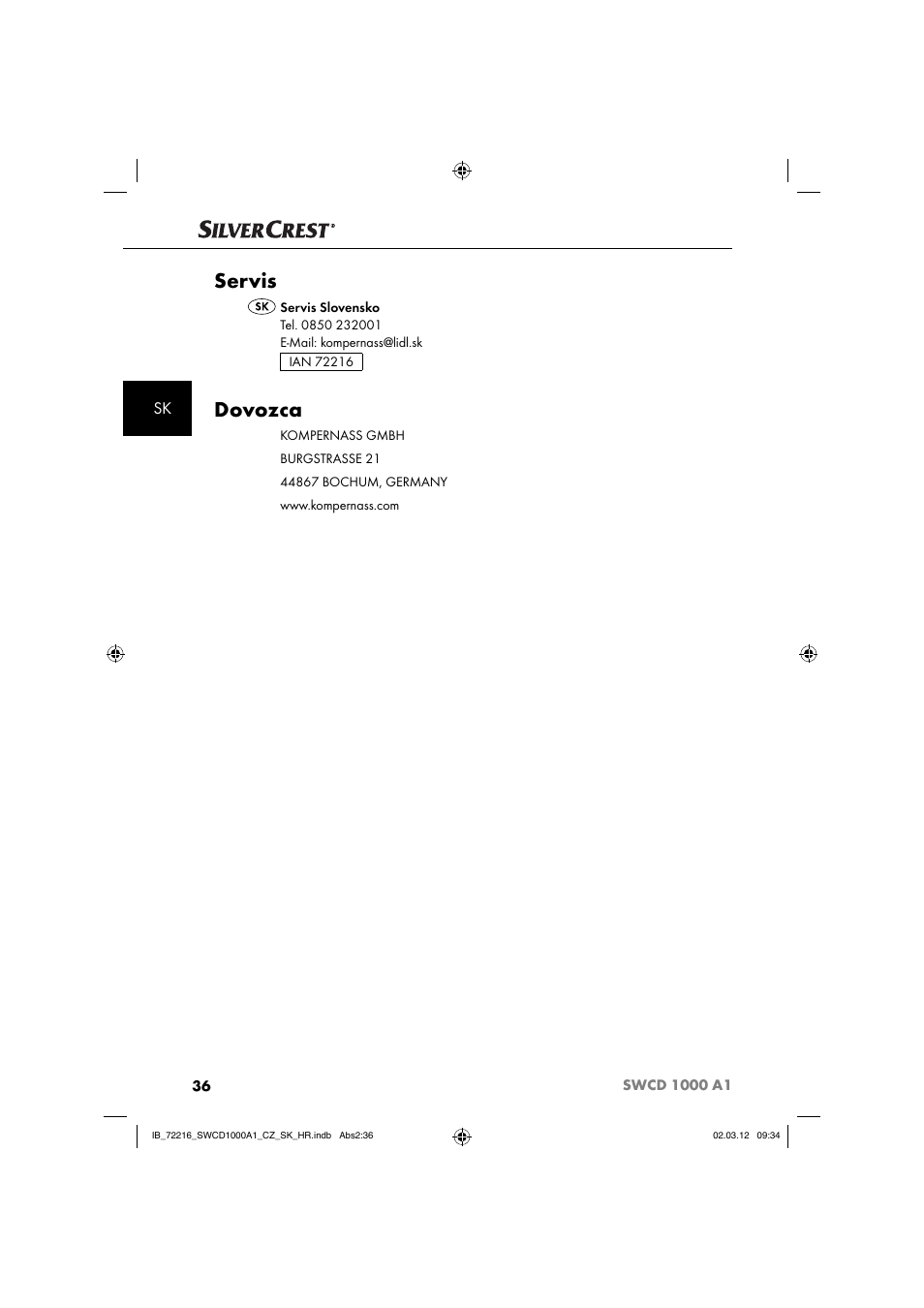 Servis, Dovozca | Silvercrest SWCD 1000 A1 User Manual | Page 38 / 62