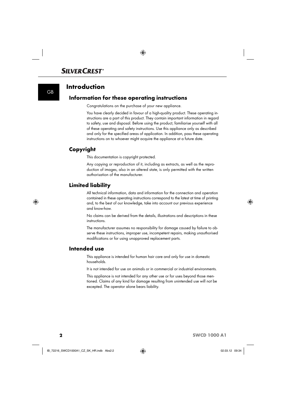 Introduction, Information for these operating instructions, Copyright | Limited liability, Intended use | Silvercrest SWCD 1000 A1 User Manual | Page 4 / 62