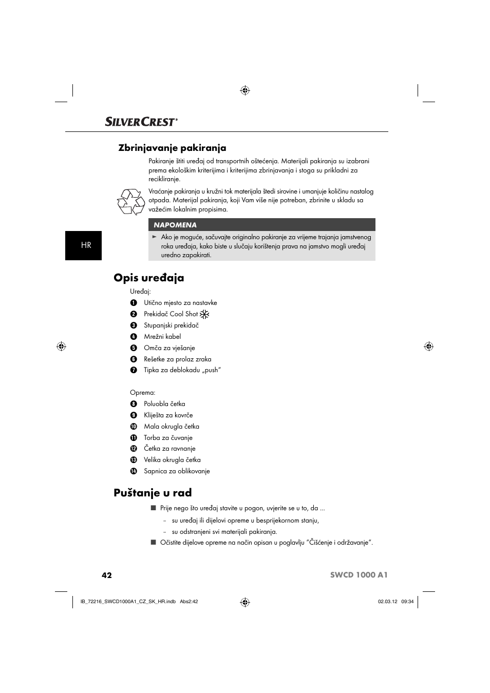 Opis uređaja, Puštanje u rad, Zbrinjavanje pakiranja | Silvercrest SWCD 1000 A1 User Manual | Page 44 / 62