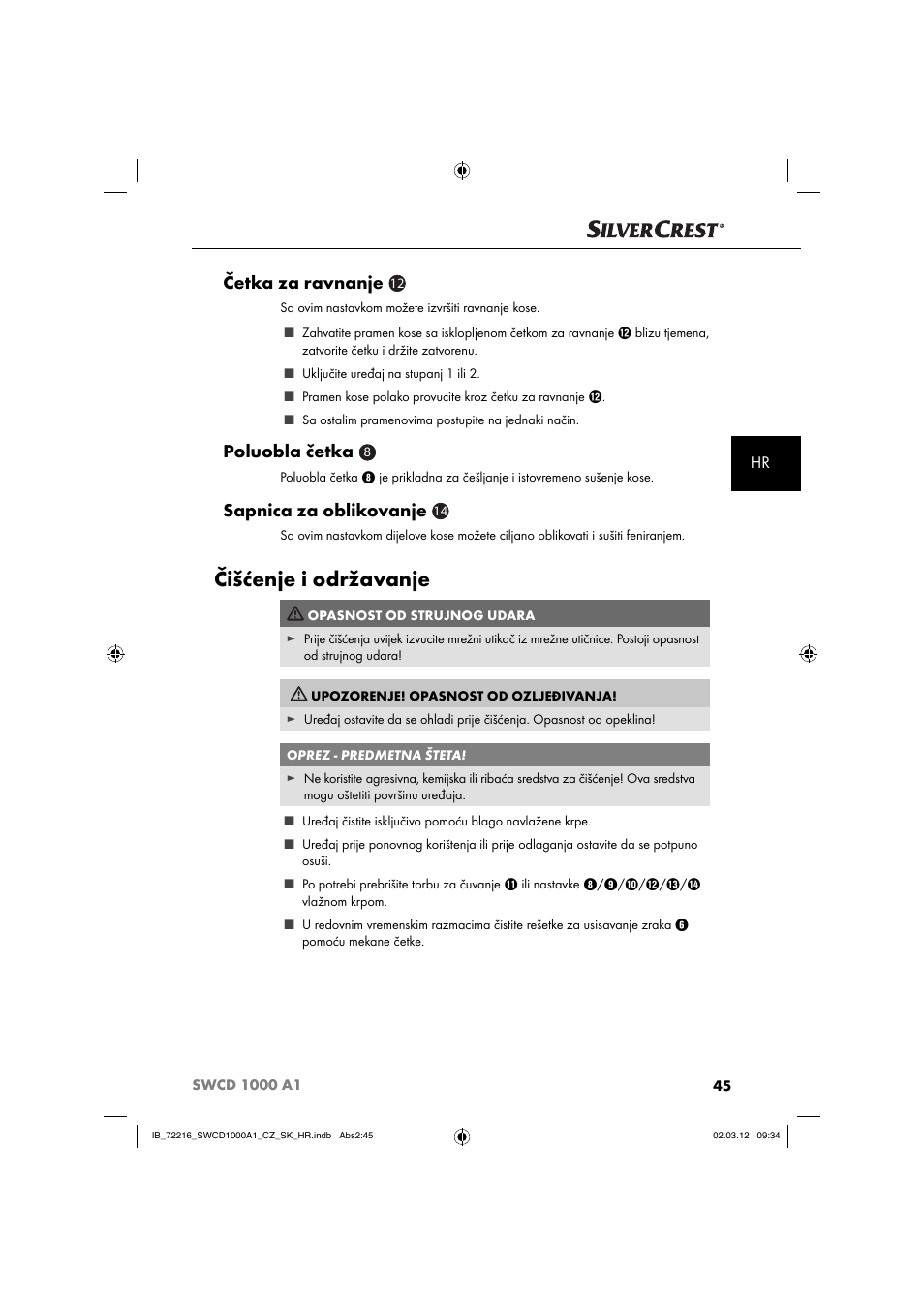 Čišćenje i održavanje, Četka za ravnanje, Poluobla četka | Sapnica za oblikovanje | Silvercrest SWCD 1000 A1 User Manual | Page 47 / 62