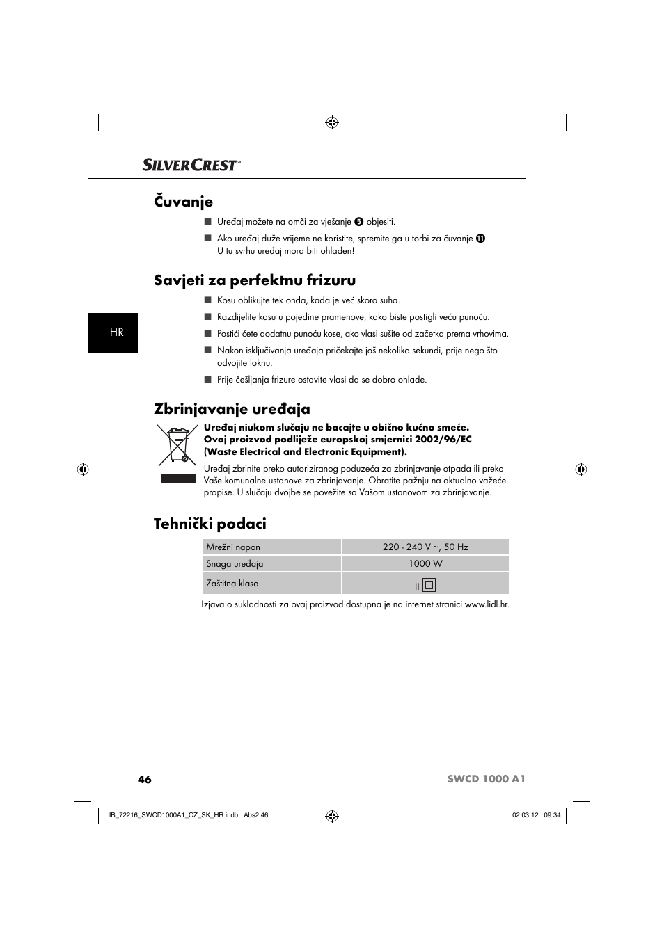 Čuvanje, Savjeti za perfektnu frizuru, Zbrinjavanje uređaja | Tehnički podaci | Silvercrest SWCD 1000 A1 User Manual | Page 48 / 62