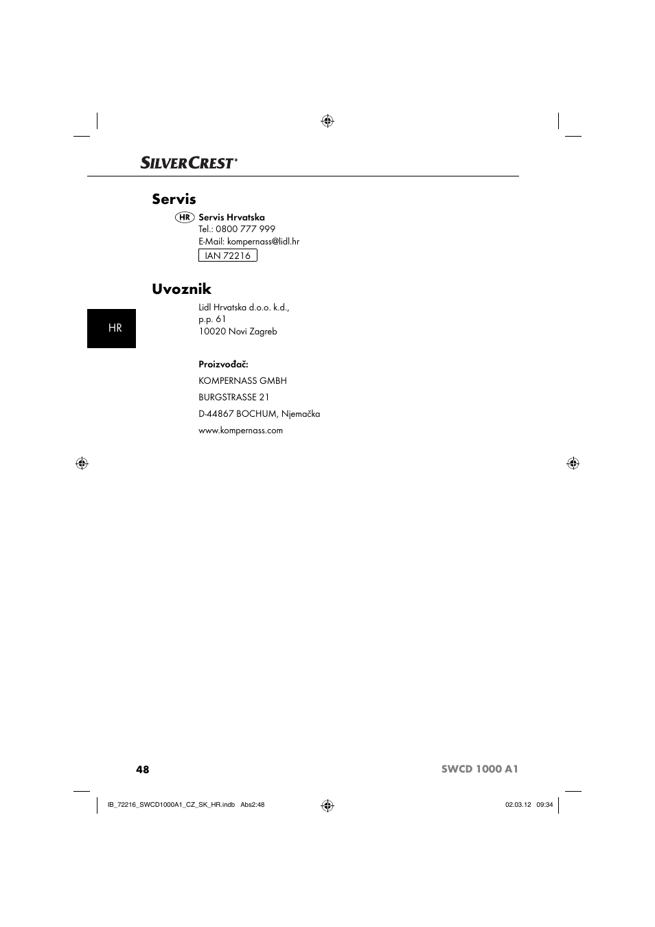 Servis, Uvoznik | Silvercrest SWCD 1000 A1 User Manual | Page 50 / 62
