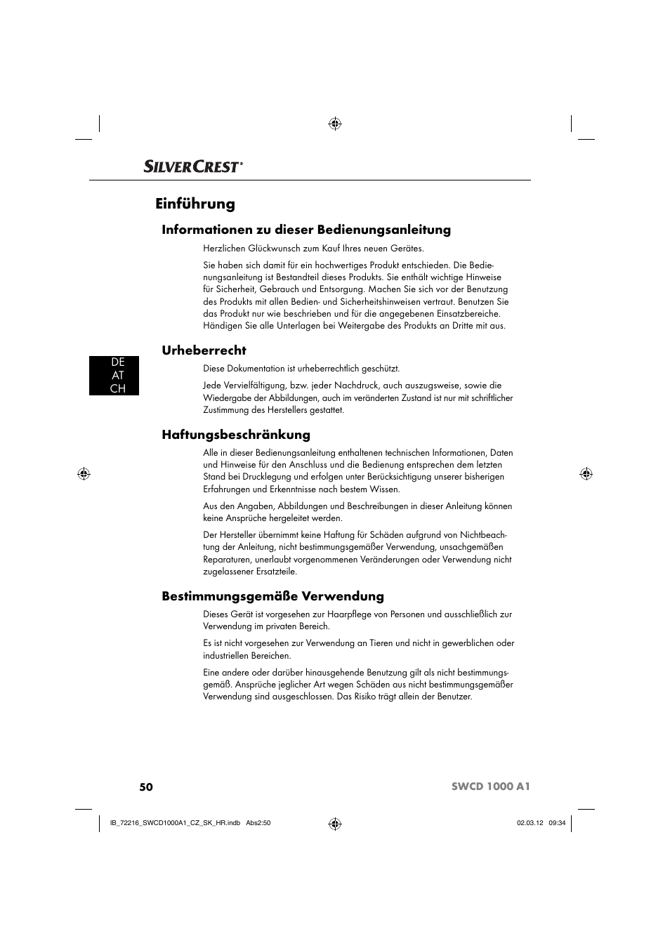 Einführung, Informationen zu dieser bedienungsanleitung, Urheberrecht | Haftungsbeschränkung, Bestimmungsgemäße verwendung, De at ch | Silvercrest SWCD 1000 A1 User Manual | Page 52 / 62