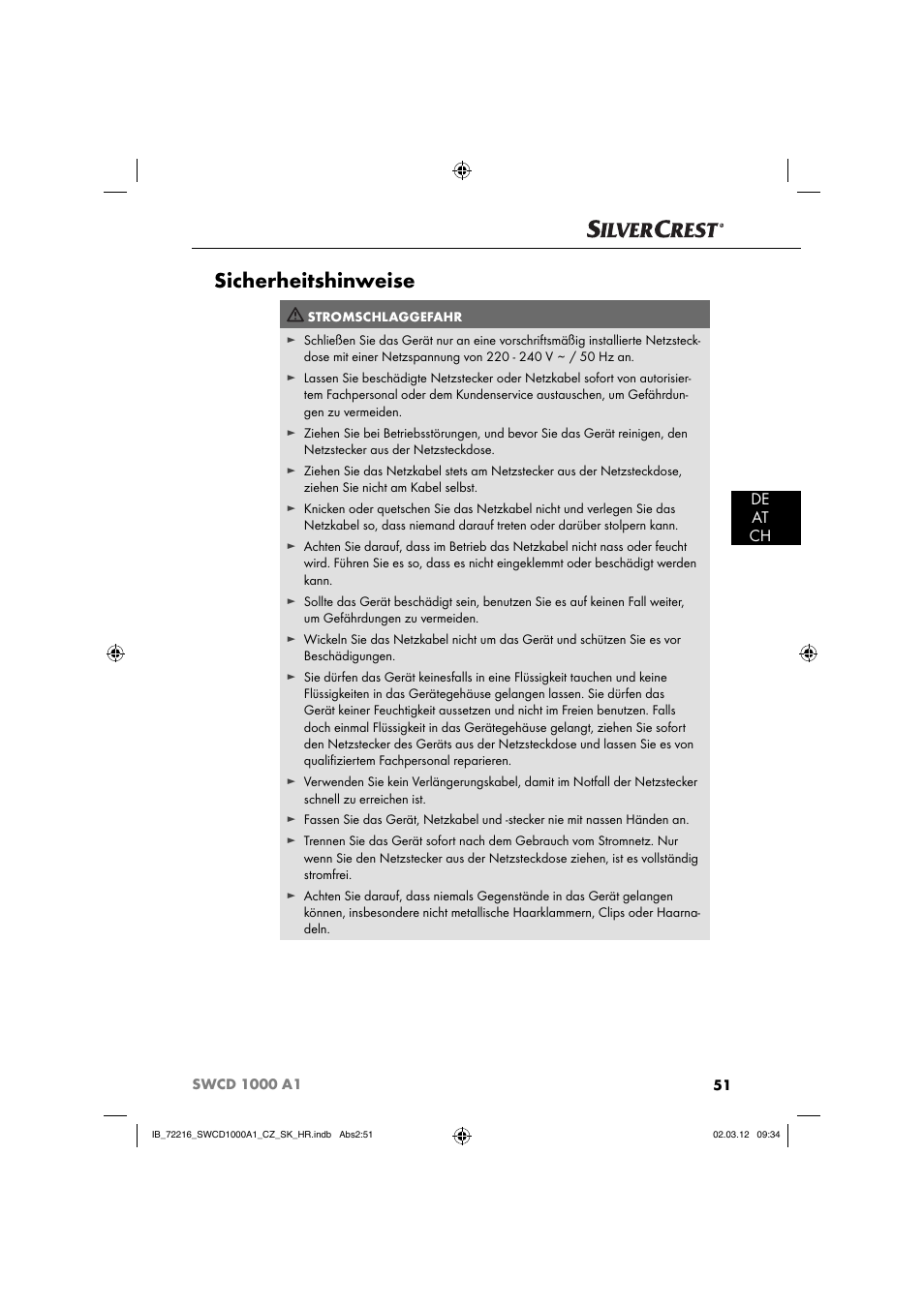 Sicherheitshinweise, De at ch | Silvercrest SWCD 1000 A1 User Manual | Page 53 / 62