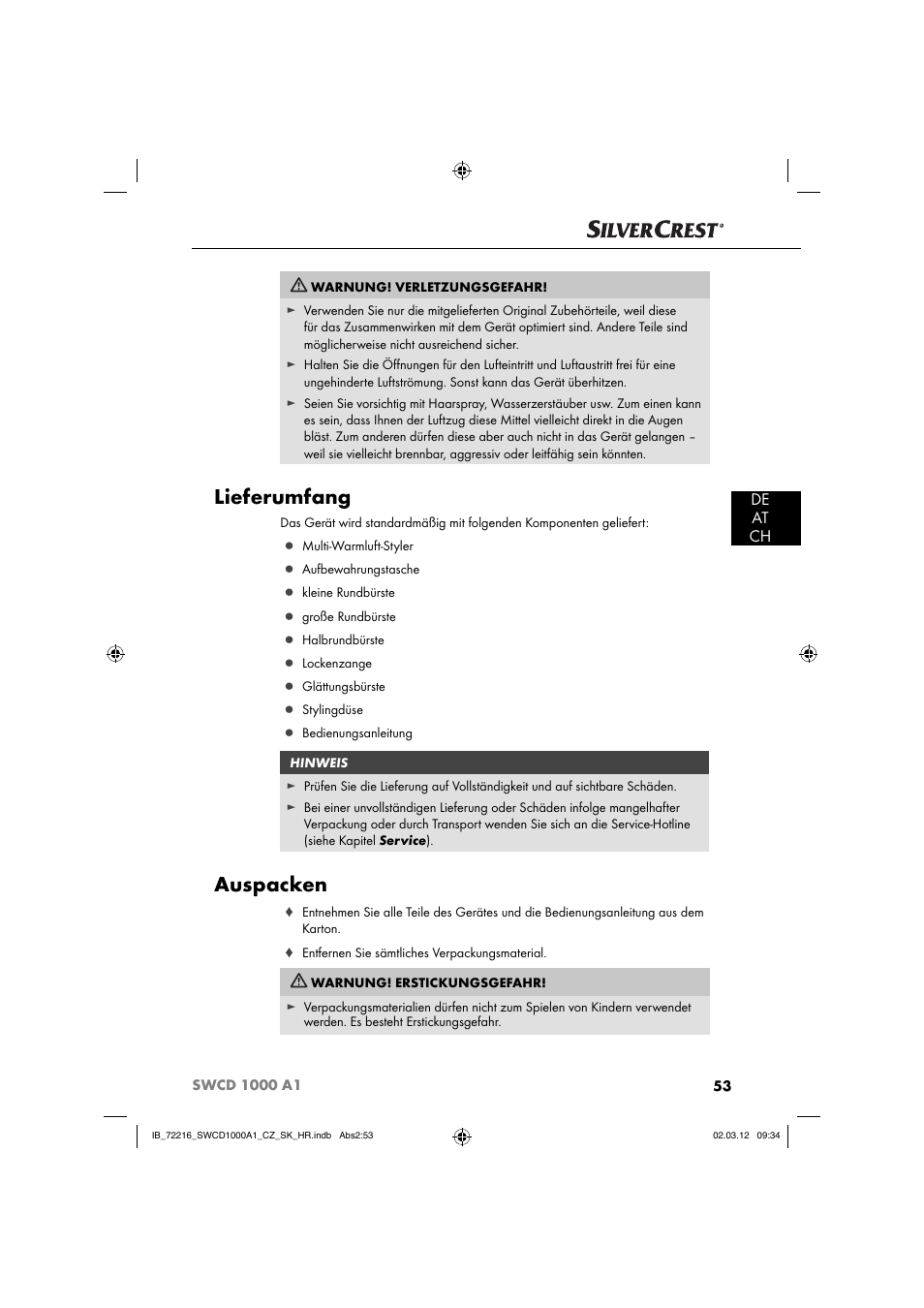 Lieferumfang, Auspacken, De at ch | Silvercrest SWCD 1000 A1 User Manual | Page 55 / 62