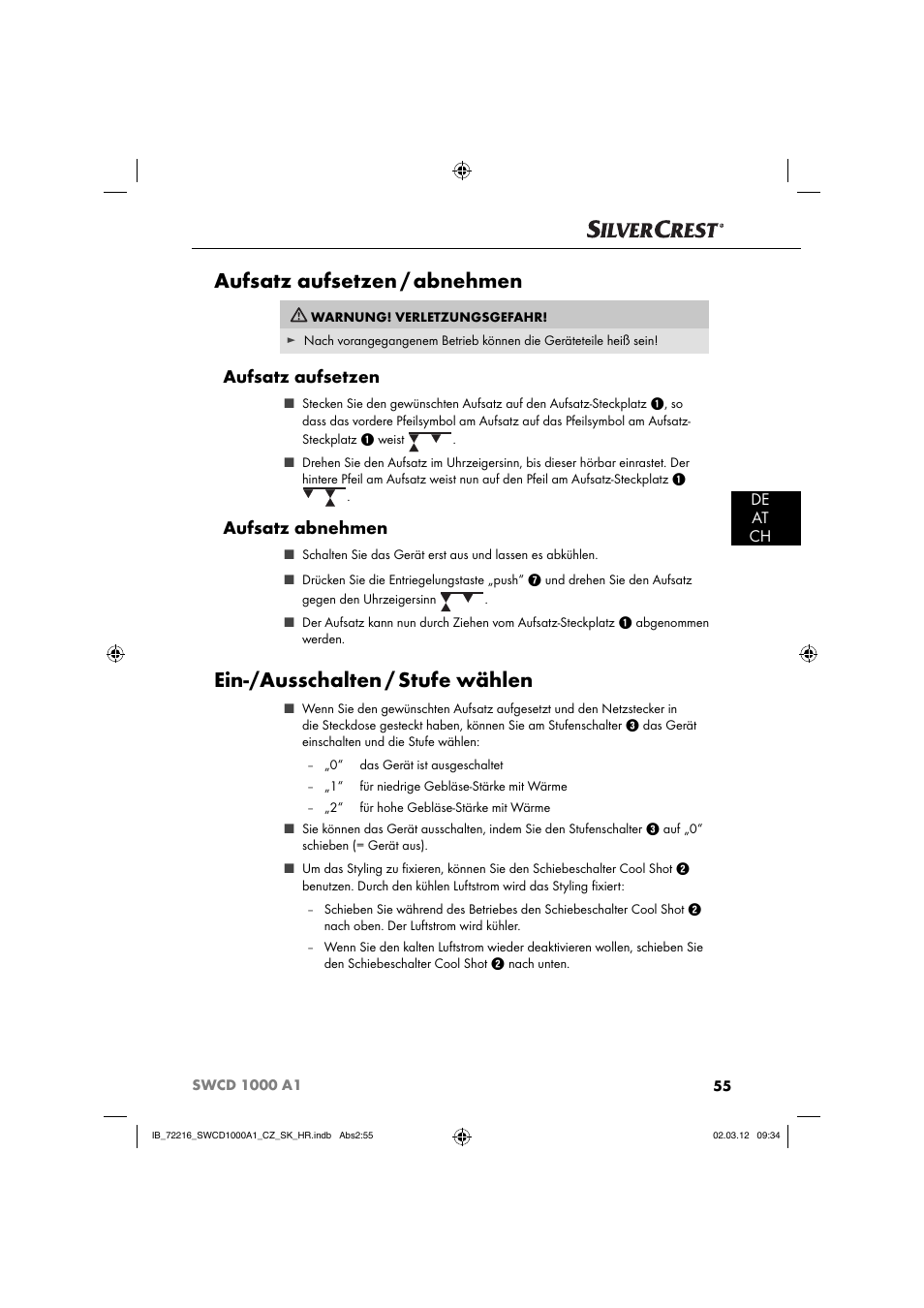 Aufsatz aufsetzen / abnehmen, Ein-/ausschalten / stufe wählen, Aufsatz aufsetzen | Aufsatz abnehmen, De at ch | Silvercrest SWCD 1000 A1 User Manual | Page 57 / 62