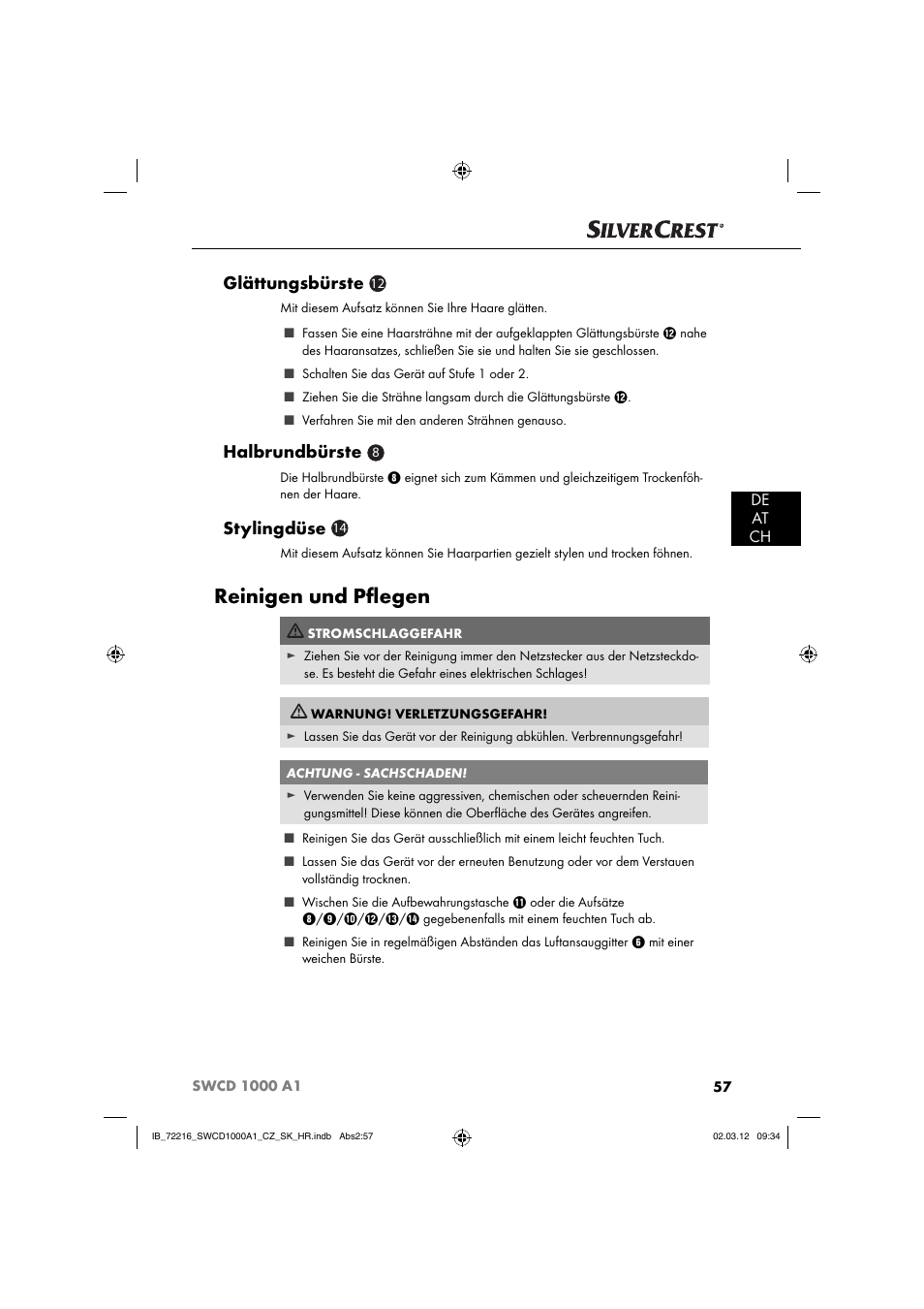 Reinigen und pﬂ egen, Glättungsbürste, Halbrundbürste | Stylingdüse, De at ch | Silvercrest SWCD 1000 A1 User Manual | Page 59 / 62