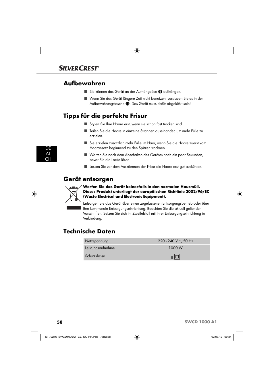 Aufbewahren, Tipps für die perfekte frisur, Gerät entsorgen | Technische daten, De at ch | Silvercrest SWCD 1000 A1 User Manual | Page 60 / 62