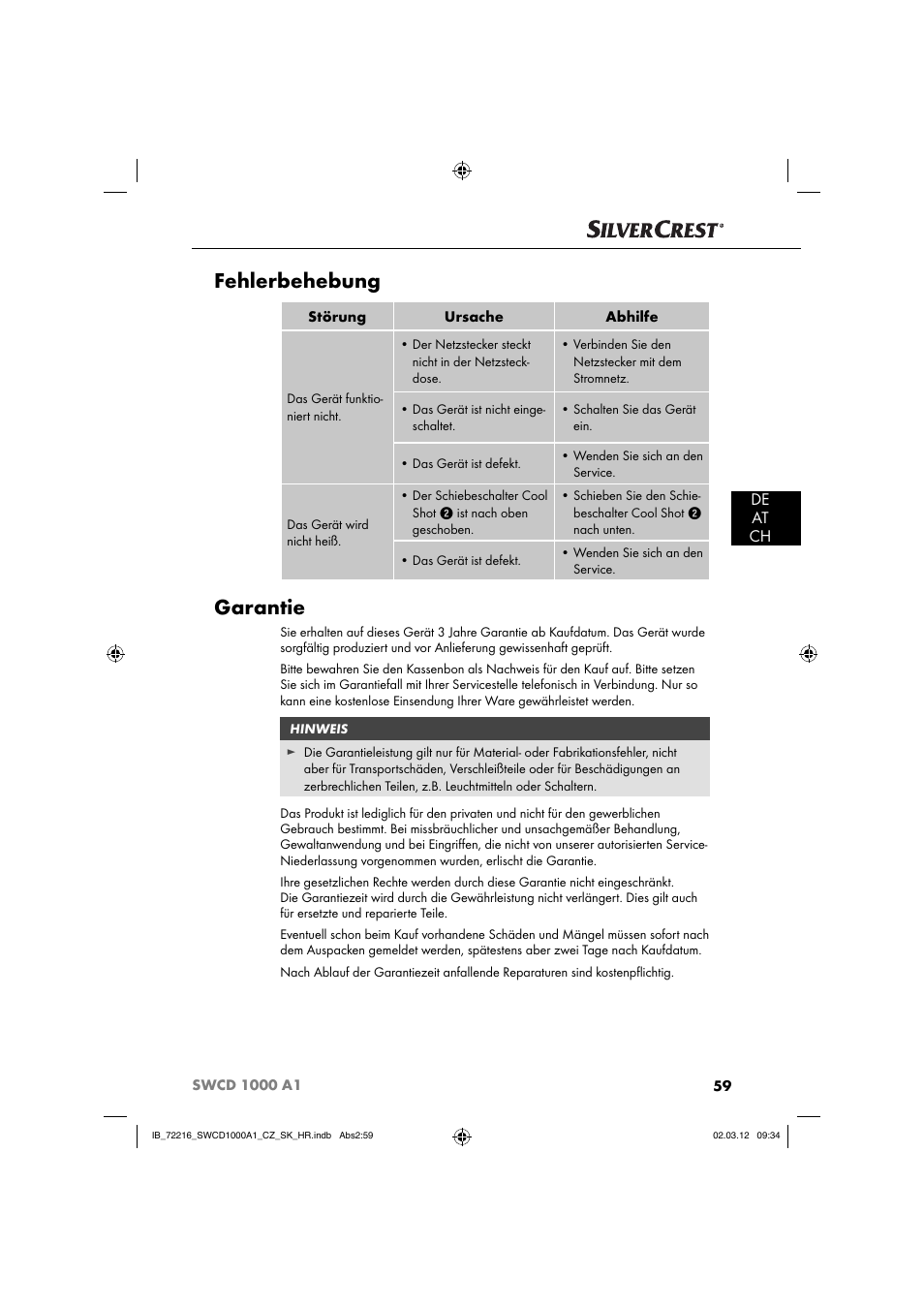 Fehlerbehebung, Garantie, De at ch | Silvercrest SWCD 1000 A1 User Manual | Page 61 / 62