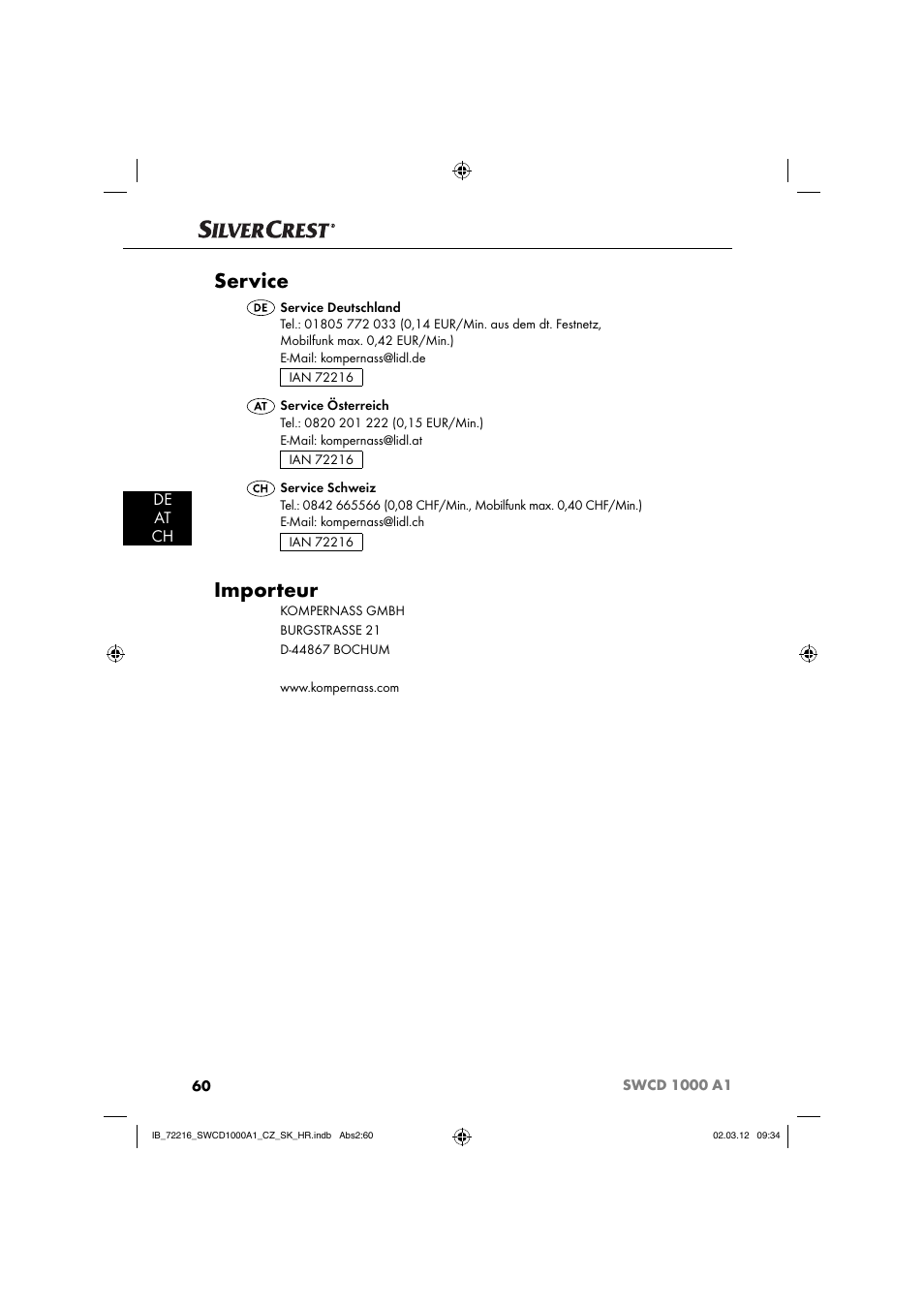 Service, Importeur, De at ch | Silvercrest SWCD 1000 A1 User Manual | Page 62 / 62