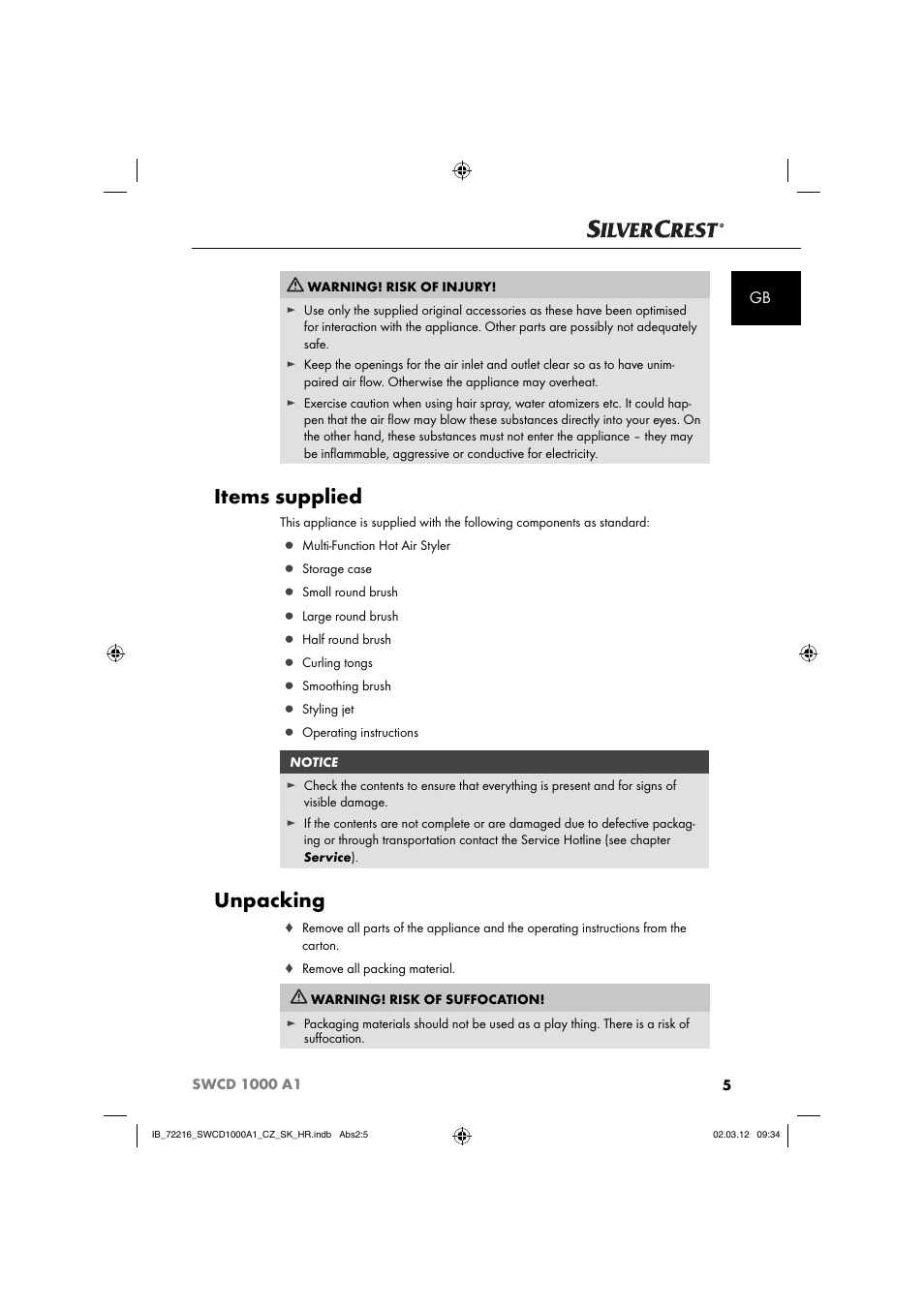 Items supplied, Unpacking | Silvercrest SWCD 1000 A1 User Manual | Page 7 / 62