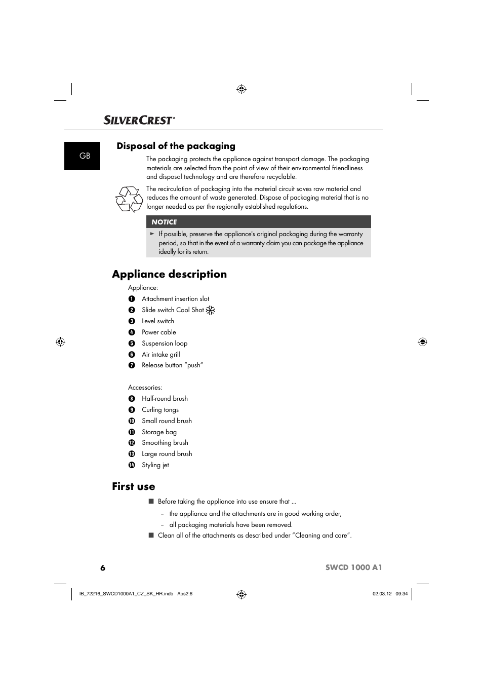 Appliance description, First use, Disposal of the packaging | Silvercrest SWCD 1000 A1 User Manual | Page 8 / 62