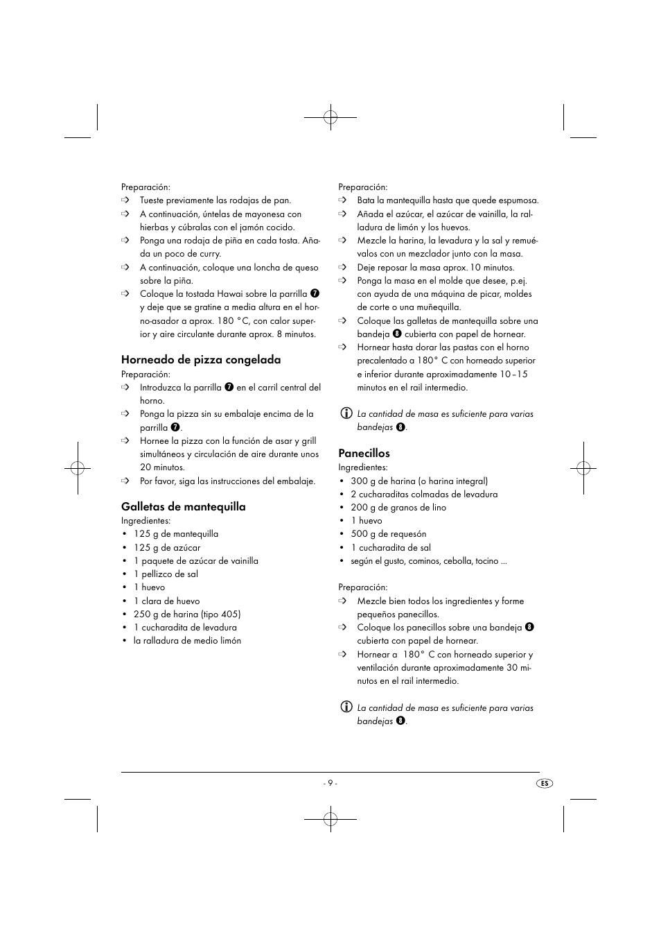 Horneado de pizza congelada, Galletas de mantequilla, Panecillos | Silvercrest SGB 1380 B2 User Manual | Page 12 / 74