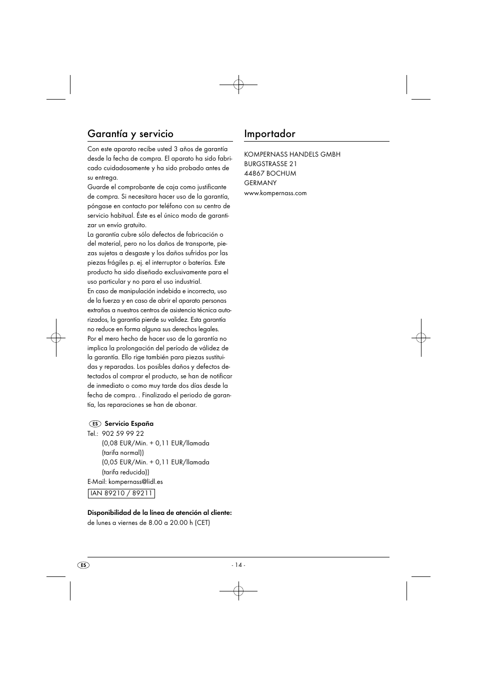 Garantía y servicio, Importador | Silvercrest SGB 1380 B2 User Manual | Page 17 / 74