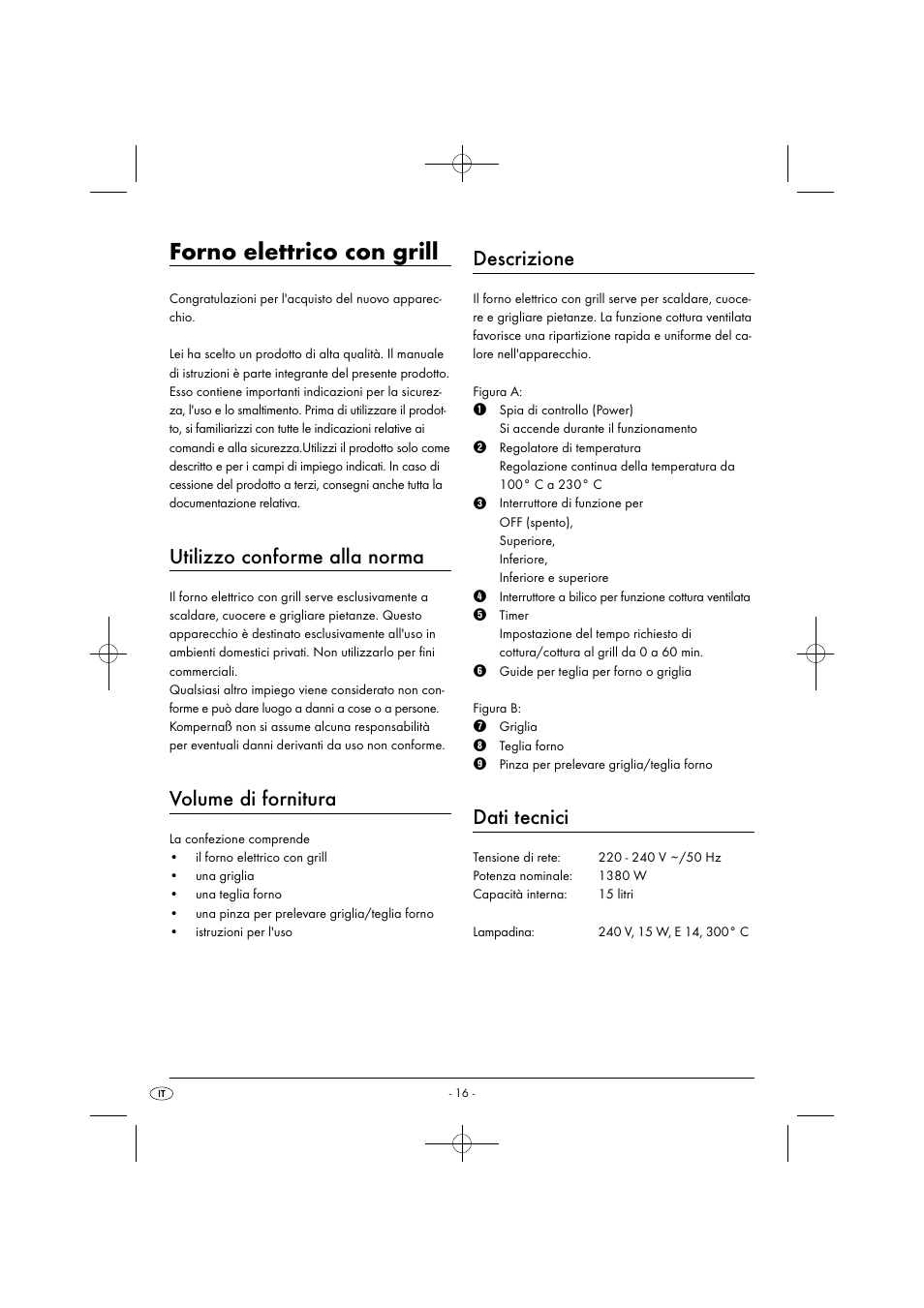 Forno elettrico con grill, Utilizzo conforme alla norma, Volume di fornitura | Descrizione, Dati tecnici | Silvercrest SGB 1380 B2 User Manual | Page 19 / 74