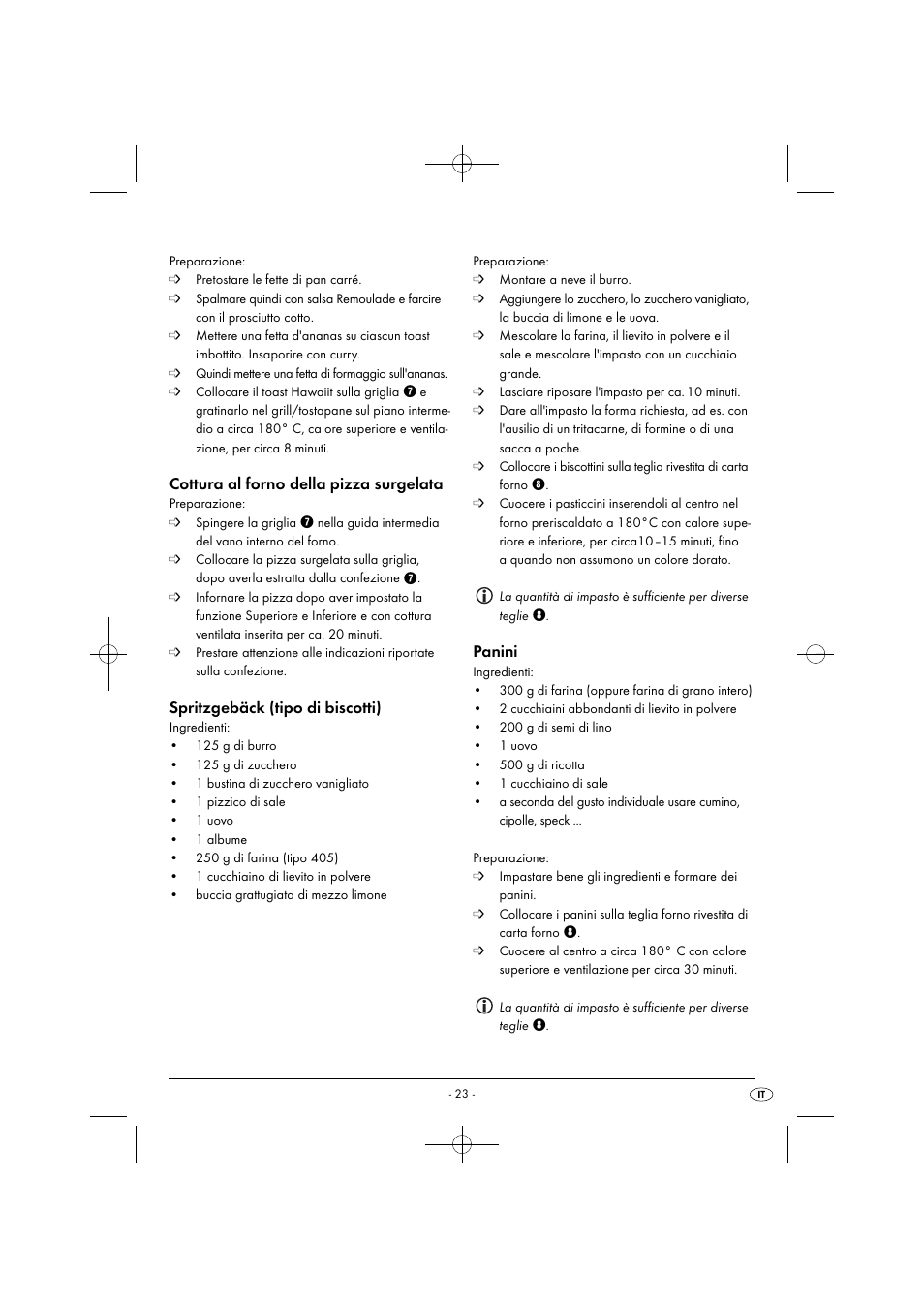 Cottura al forno della pizza surgelata, Spritzgebäck (tipo di biscotti), Panini | Silvercrest SGB 1380 B2 User Manual | Page 26 / 74