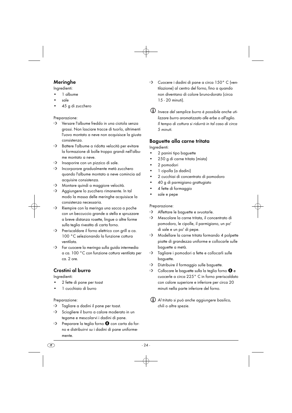 Meringhe, Crostini al burro, Baguette alla carne tritata | Silvercrest SGB 1380 B2 User Manual | Page 27 / 74