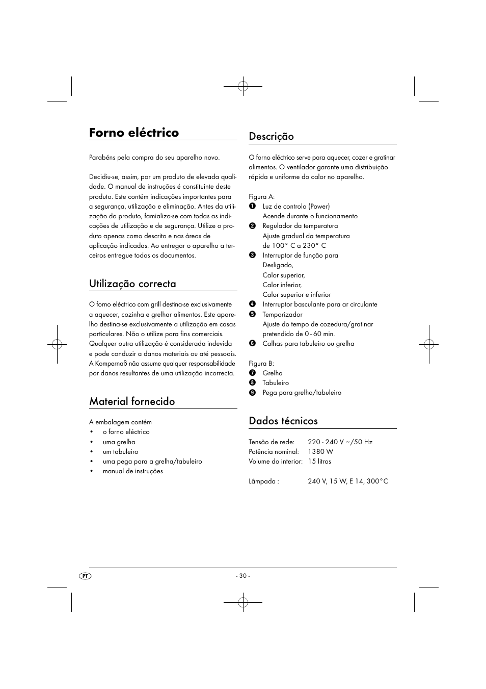 Forno eléctrico, Utilização correcta, Material fornecido | Descrição, Dados técnicos | Silvercrest SGB 1380 B2 User Manual | Page 33 / 74