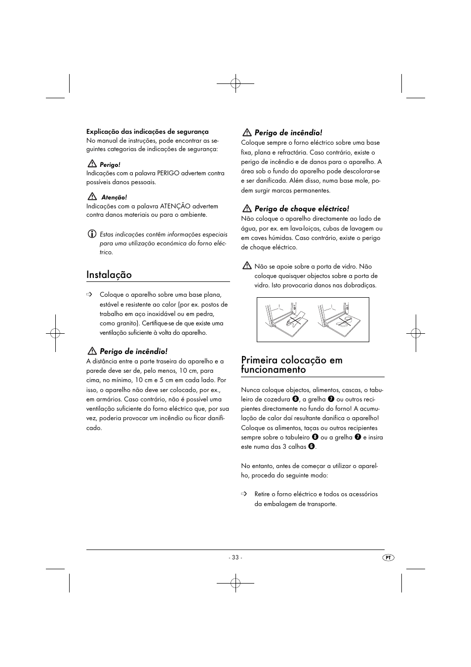 Instalação, Primeira colocação em funcionamento, Perigo de incêndio | Perigo de choque eléctrico | Silvercrest SGB 1380 B2 User Manual | Page 36 / 74