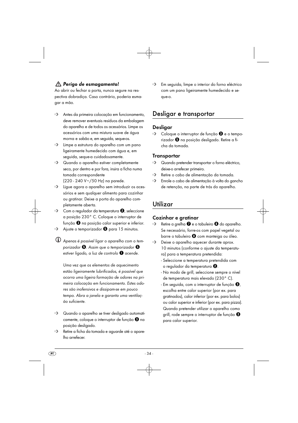 Desligar e transportar, Utilizar, Perigo de esmagamento | Desligar, Transportar, Cozinhar e gratinar | Silvercrest SGB 1380 B2 User Manual | Page 37 / 74