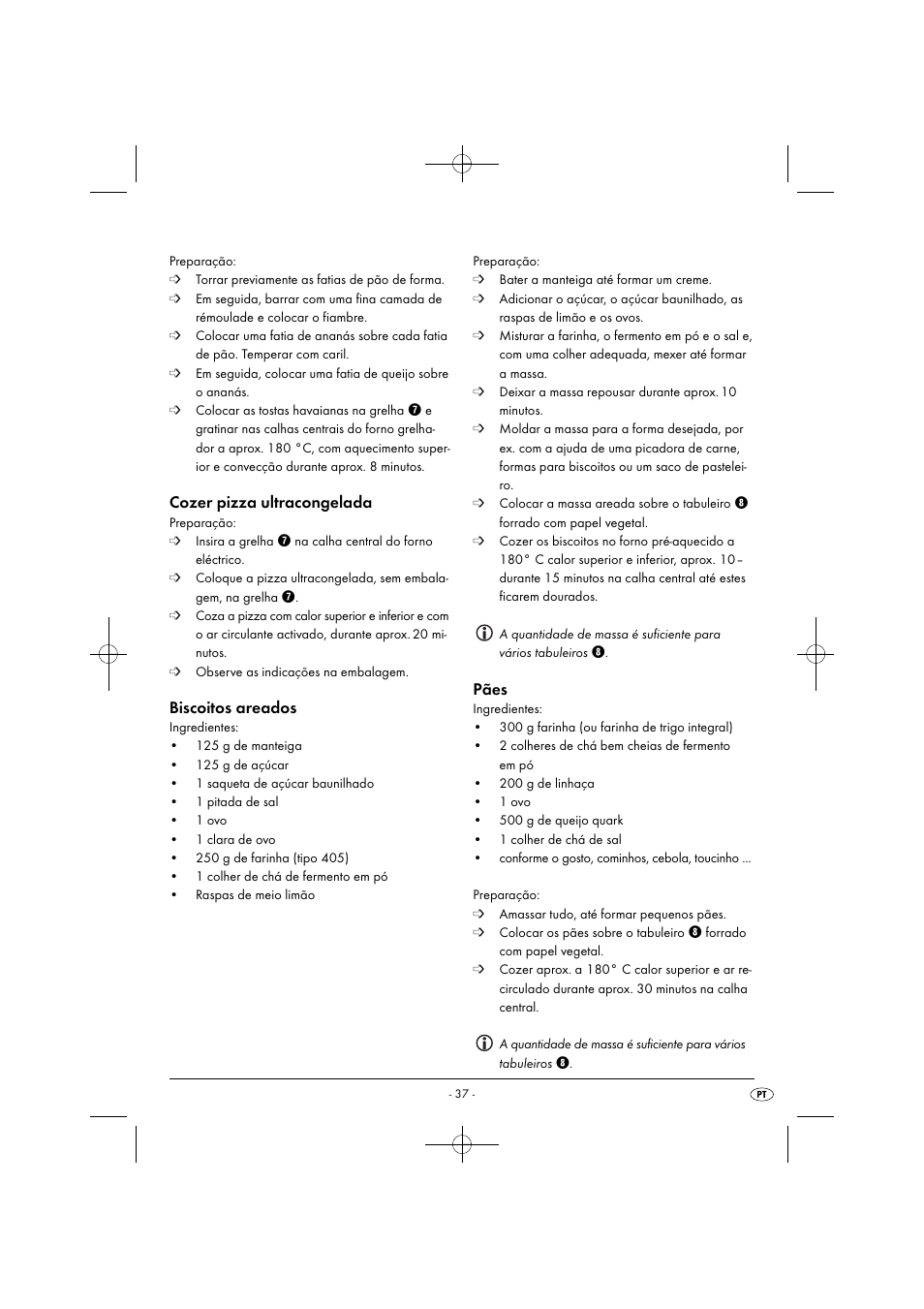 Cozer pizza ultracongelada, Biscoitos areados, Pães | Silvercrest SGB 1380 B2 User Manual | Page 40 / 74