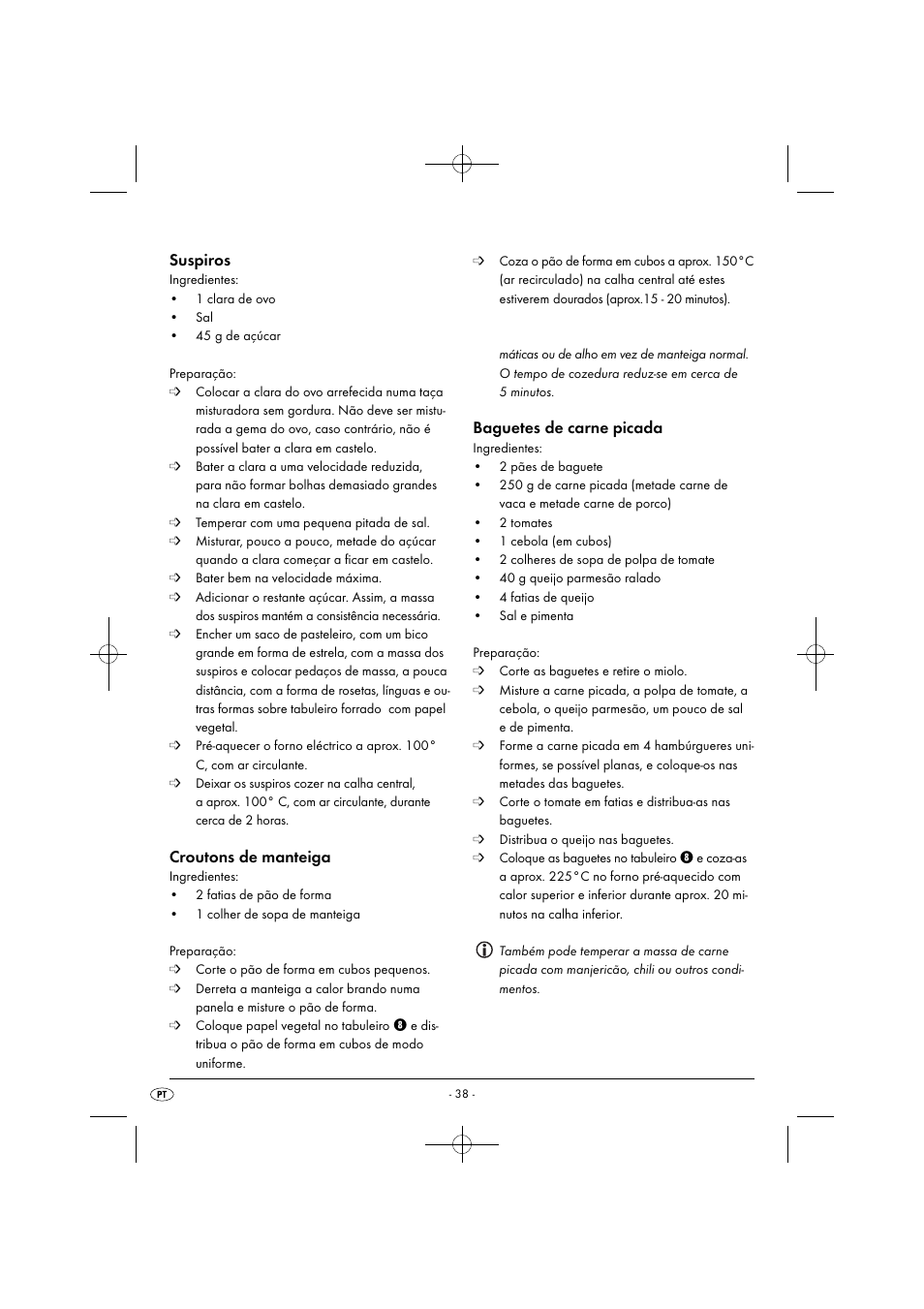 Suspiros, Croutons de manteiga, Baguetes de carne picada | Silvercrest SGB 1380 B2 User Manual | Page 41 / 74