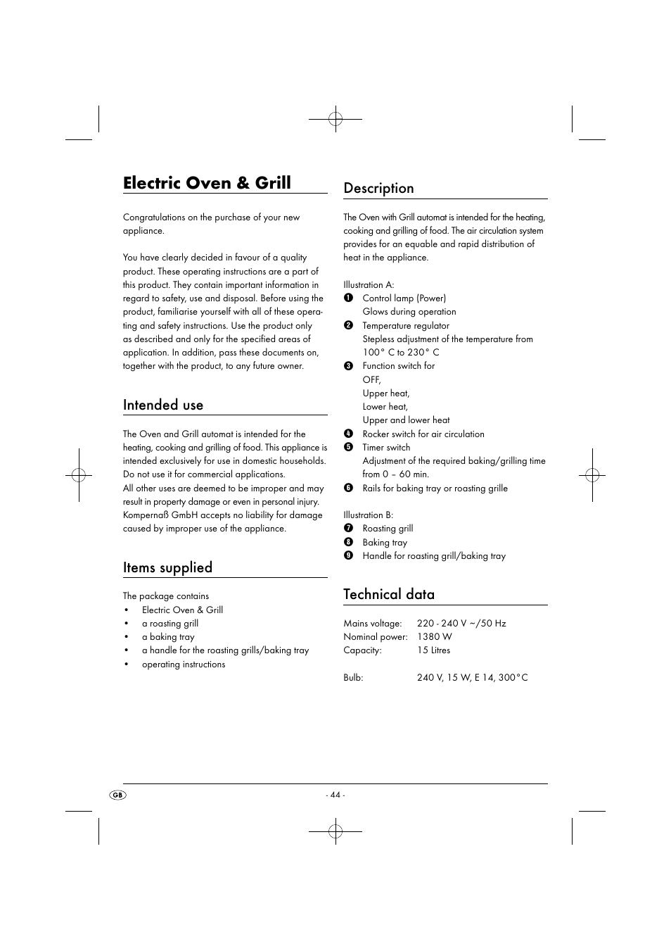 Electric oven & grill, Intended use, Items supplied | Description, Technical data | Silvercrest SGB 1380 B2 User Manual | Page 47 / 74