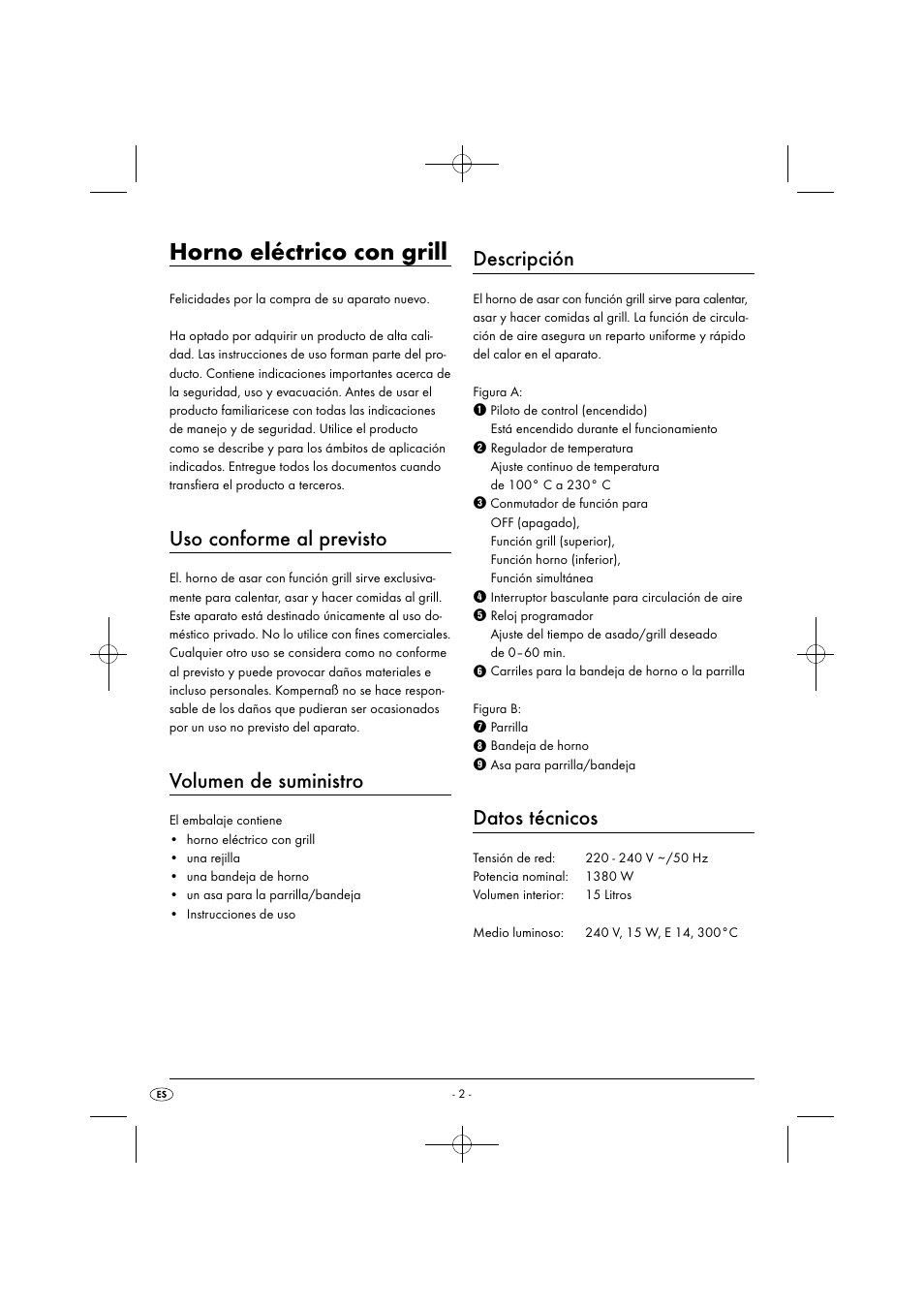 Horno eléctrico con grill, Uso conforme al previsto, Volumen de suministro | Descripción, Datos técnicos | Silvercrest SGB 1380 B2 User Manual | Page 5 / 74