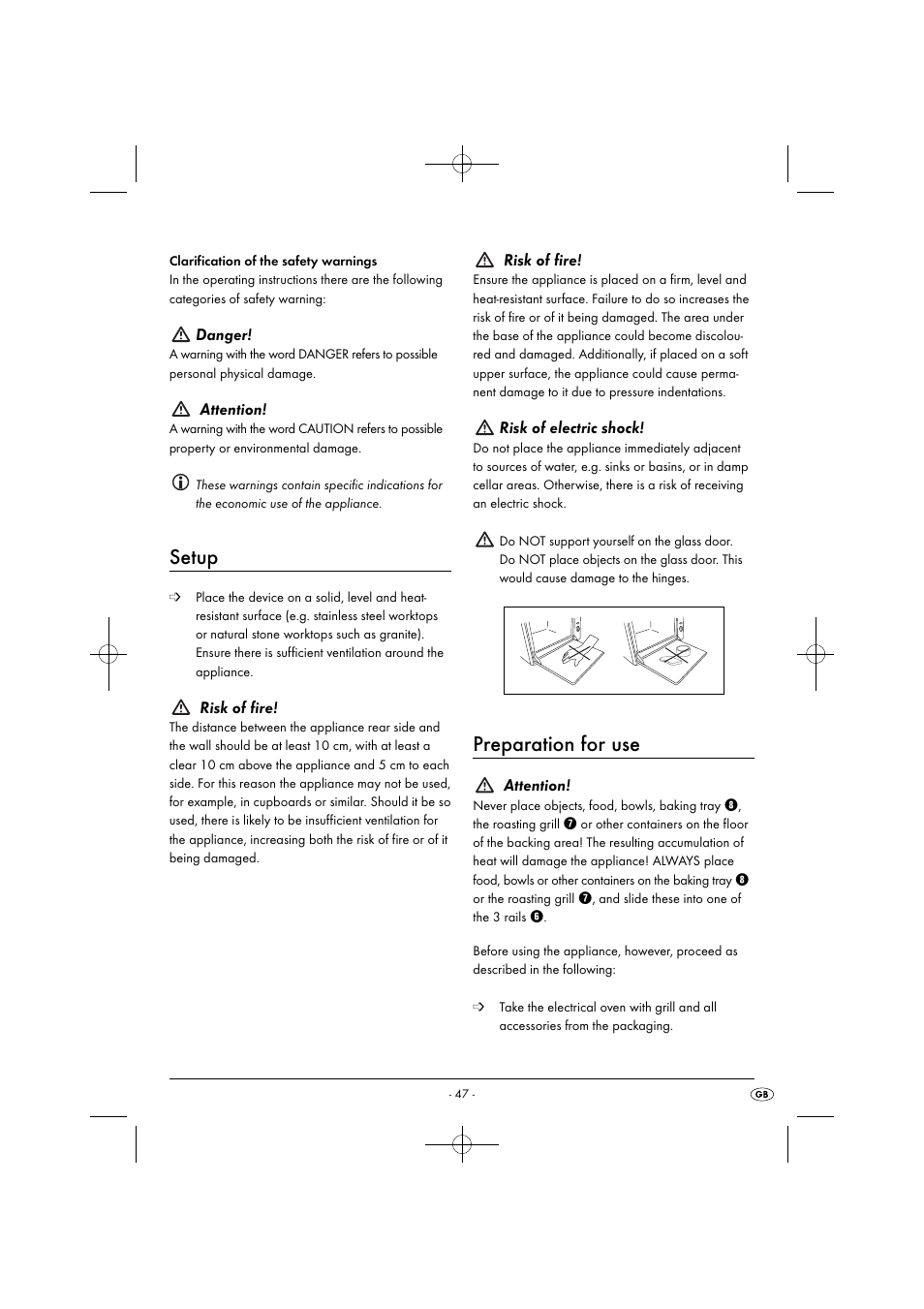 Setup, Preparation for use, Danger | Attention, Risk of fire, Risk of electric shock | Silvercrest SGB 1380 B2 User Manual | Page 50 / 74