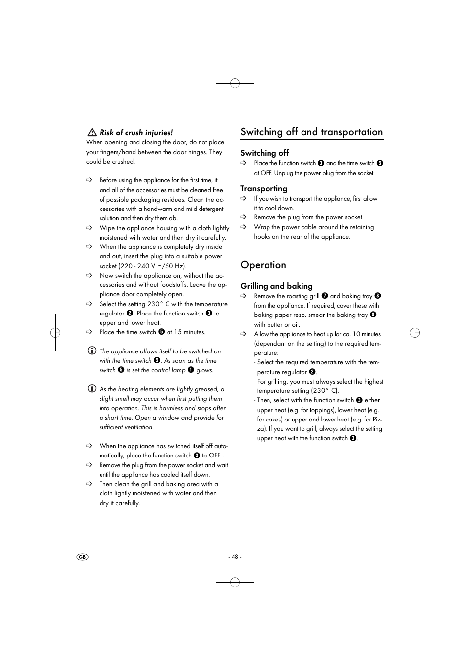 Switching off and transportation, Operation, Risk of crush injuries | Switching off, Transporting, Grilling and baking | Silvercrest SGB 1380 B2 User Manual | Page 51 / 74