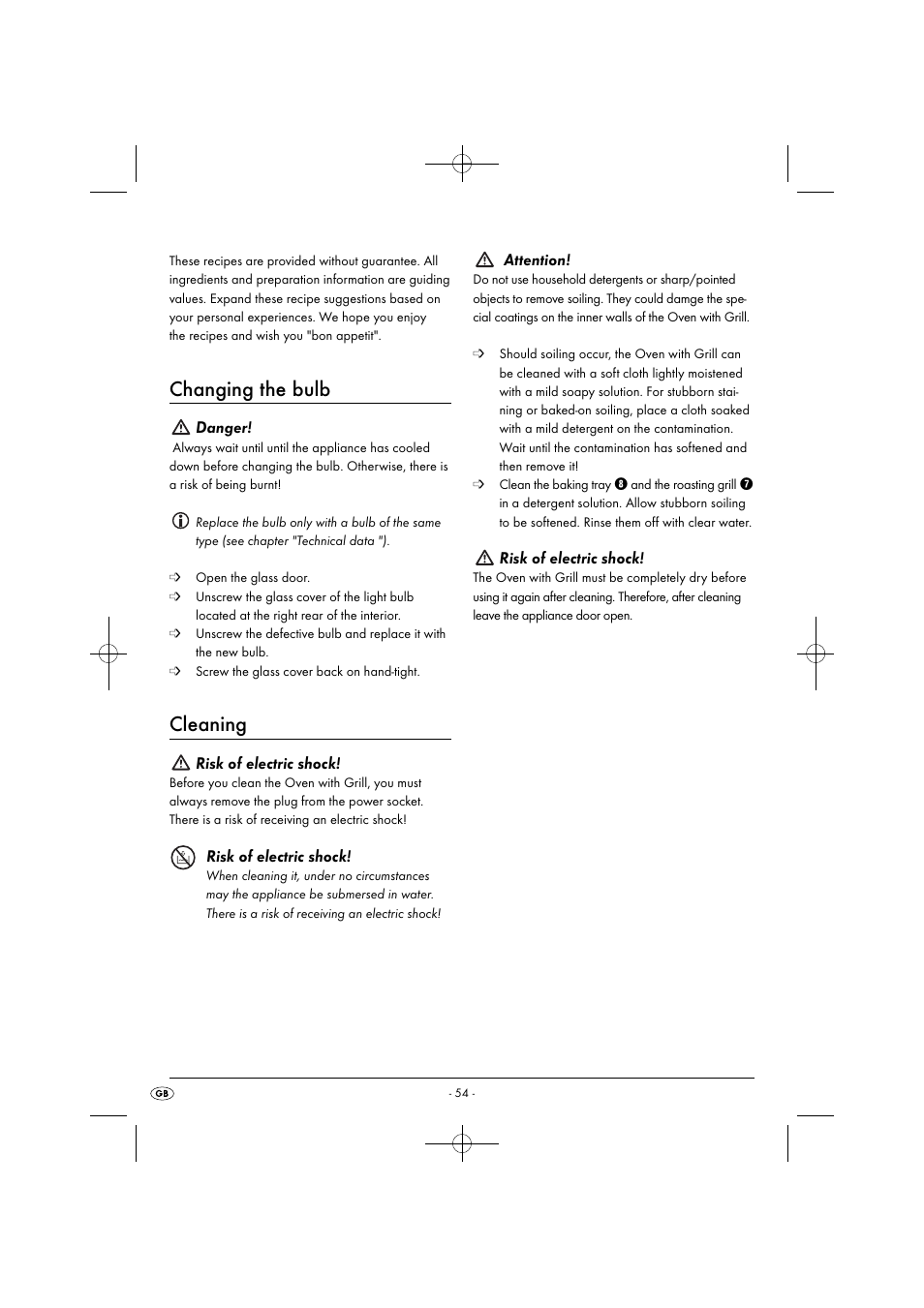 Changing the bulb, Cleaning, Danger | Risk of electric shock, Attention | Silvercrest SGB 1380 B2 User Manual | Page 57 / 74